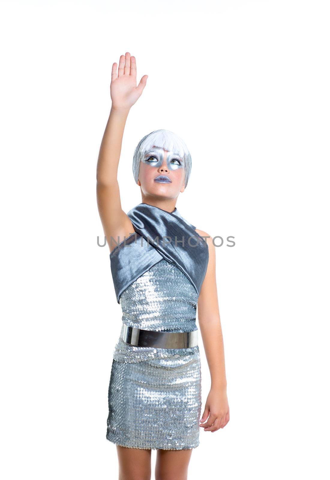 children futuristic fashion children girl rising hand up silver makeup on white