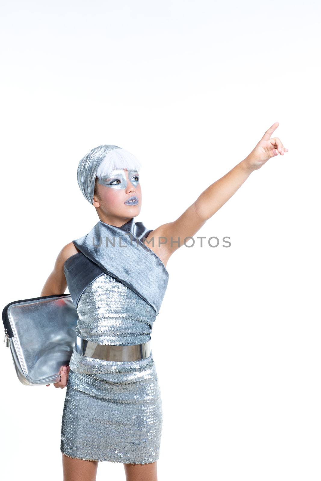 children futuristic fashion children girl pointing finger silver makeup on white