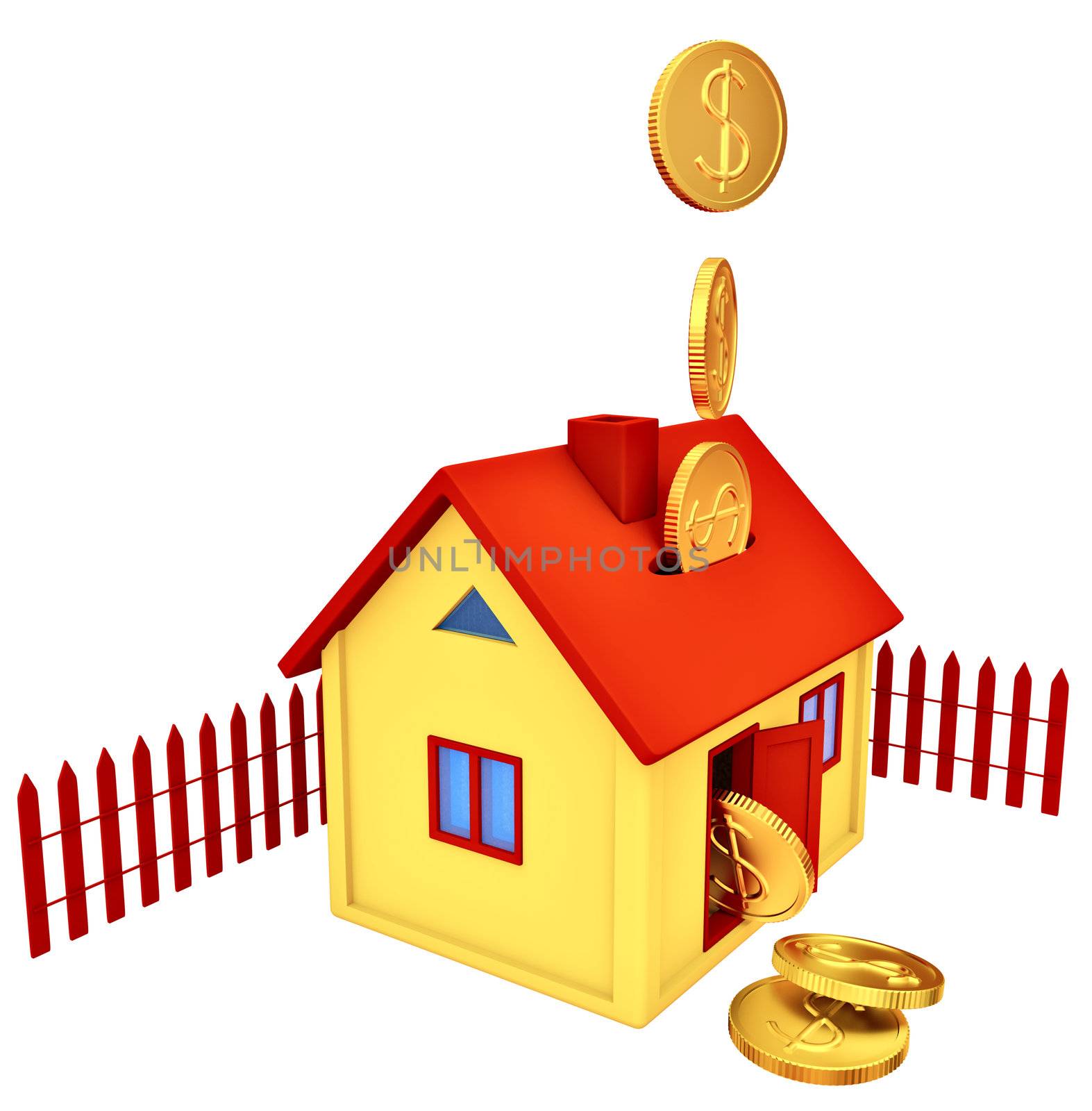 dollar coins falling down into a piggy bank in the form of a gilded house as a symbol of the accumulation
