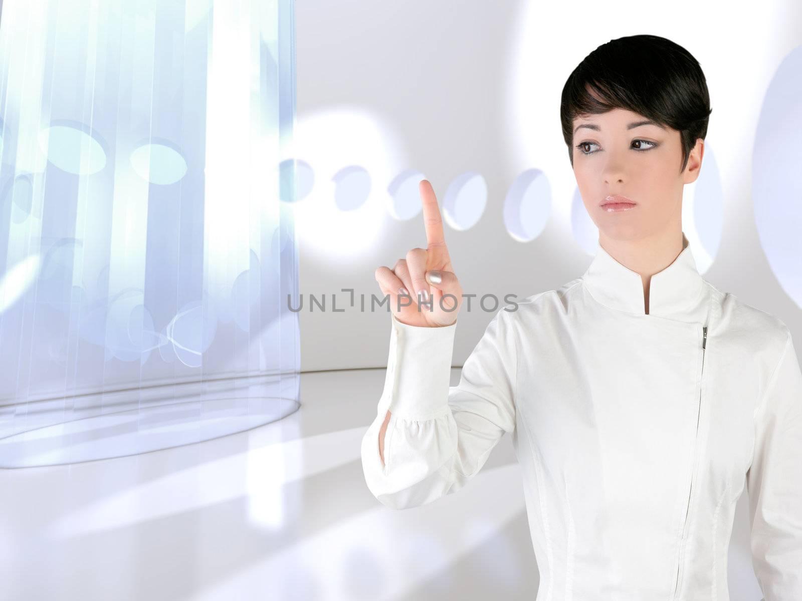 Futuristic woman touch finger copyspace in modern indoor