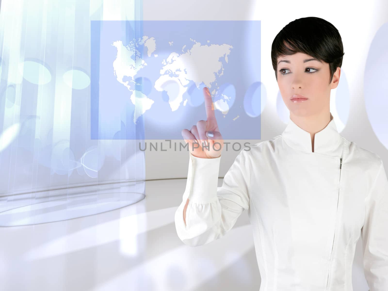 Futuristic woman touch finger global map in modern indoor holographic screen
