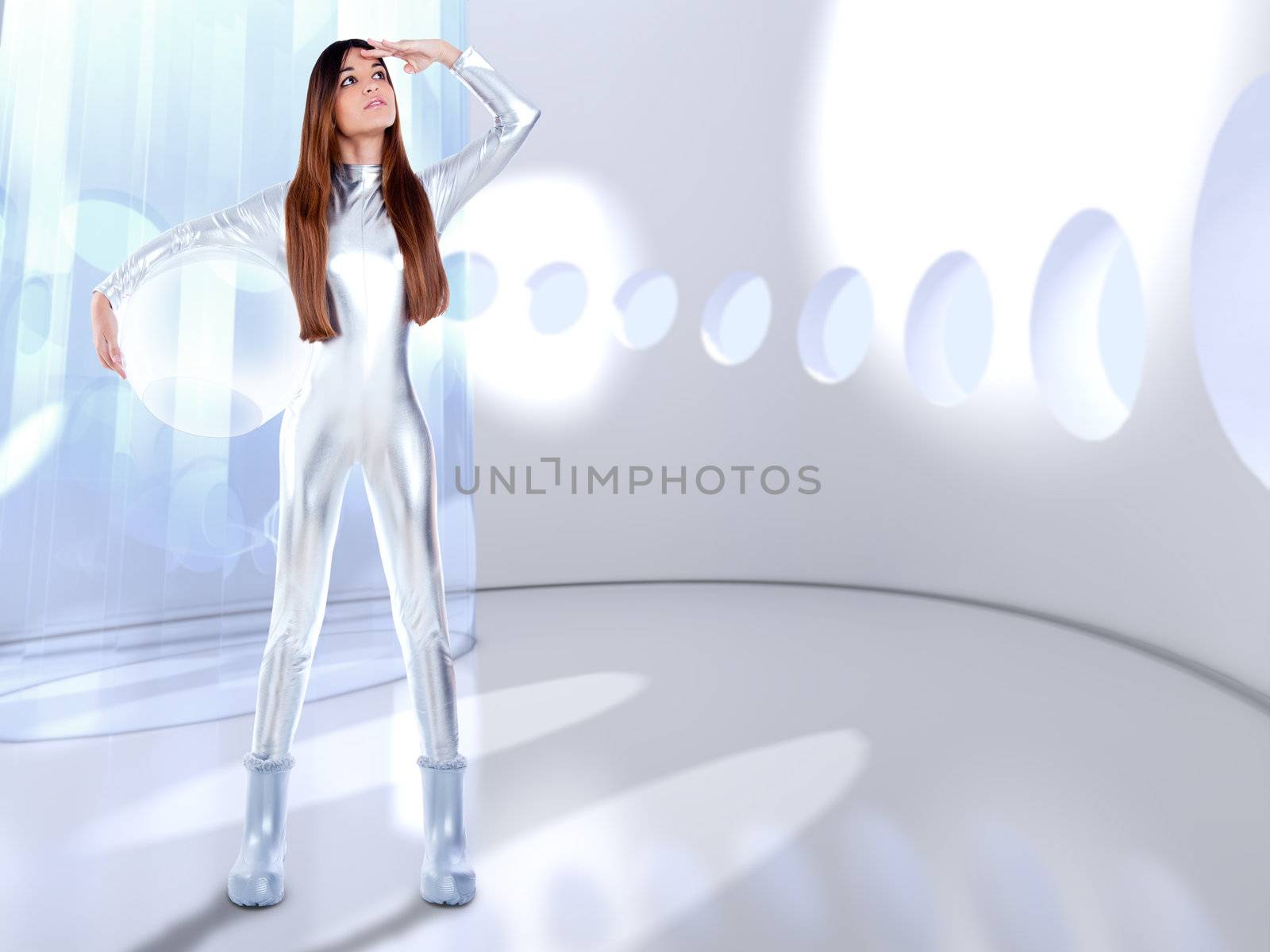 Astronaut futuristic silver woman glass helmet in modern spaceship indoor