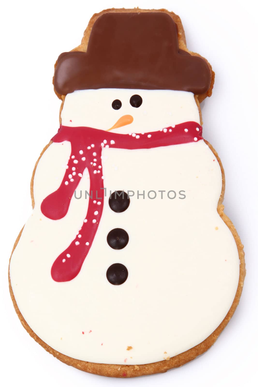 Close up Holiday Snowman Gingerbread Man Cookie over White