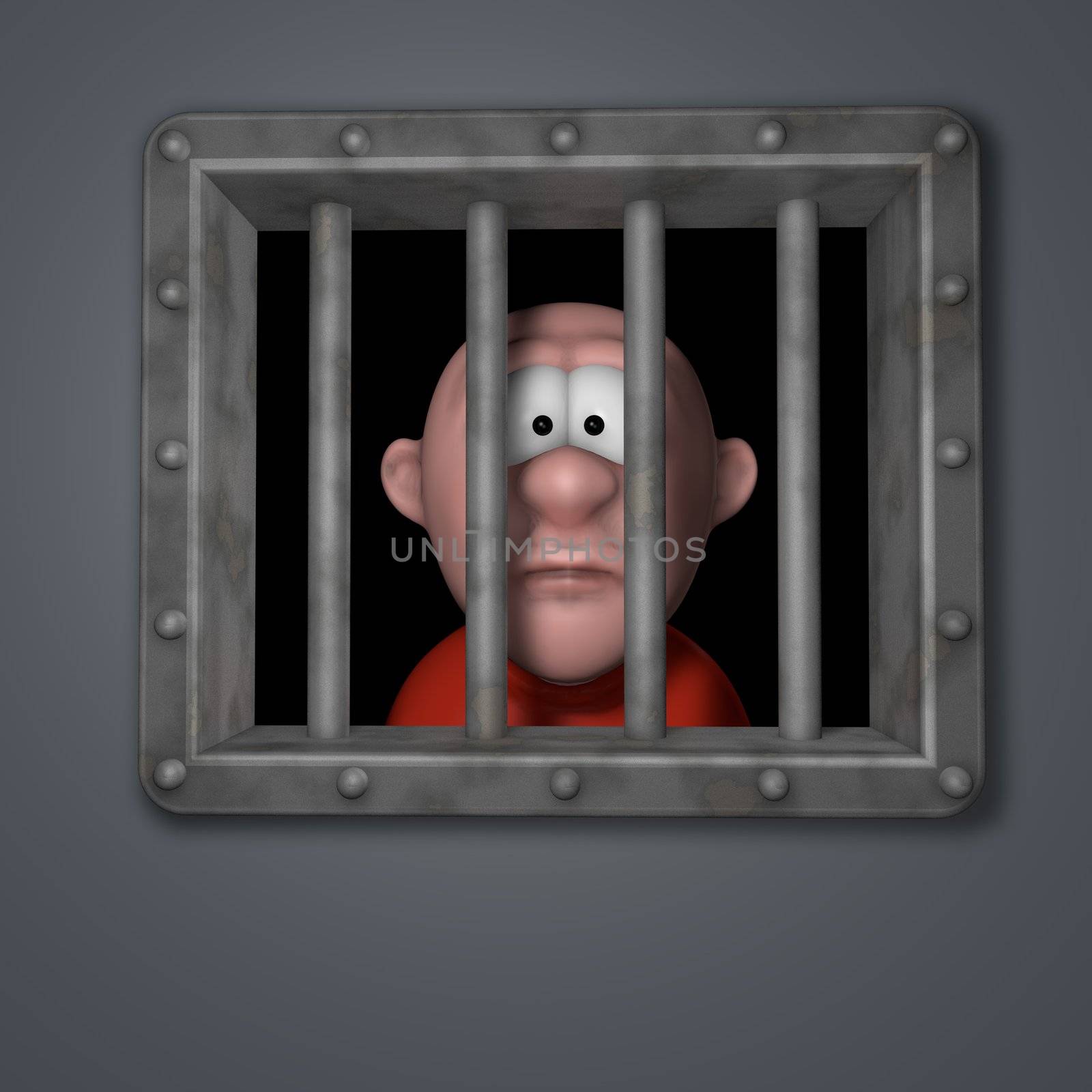 cartoon guy behind riveted steel prison window - 3d illustration