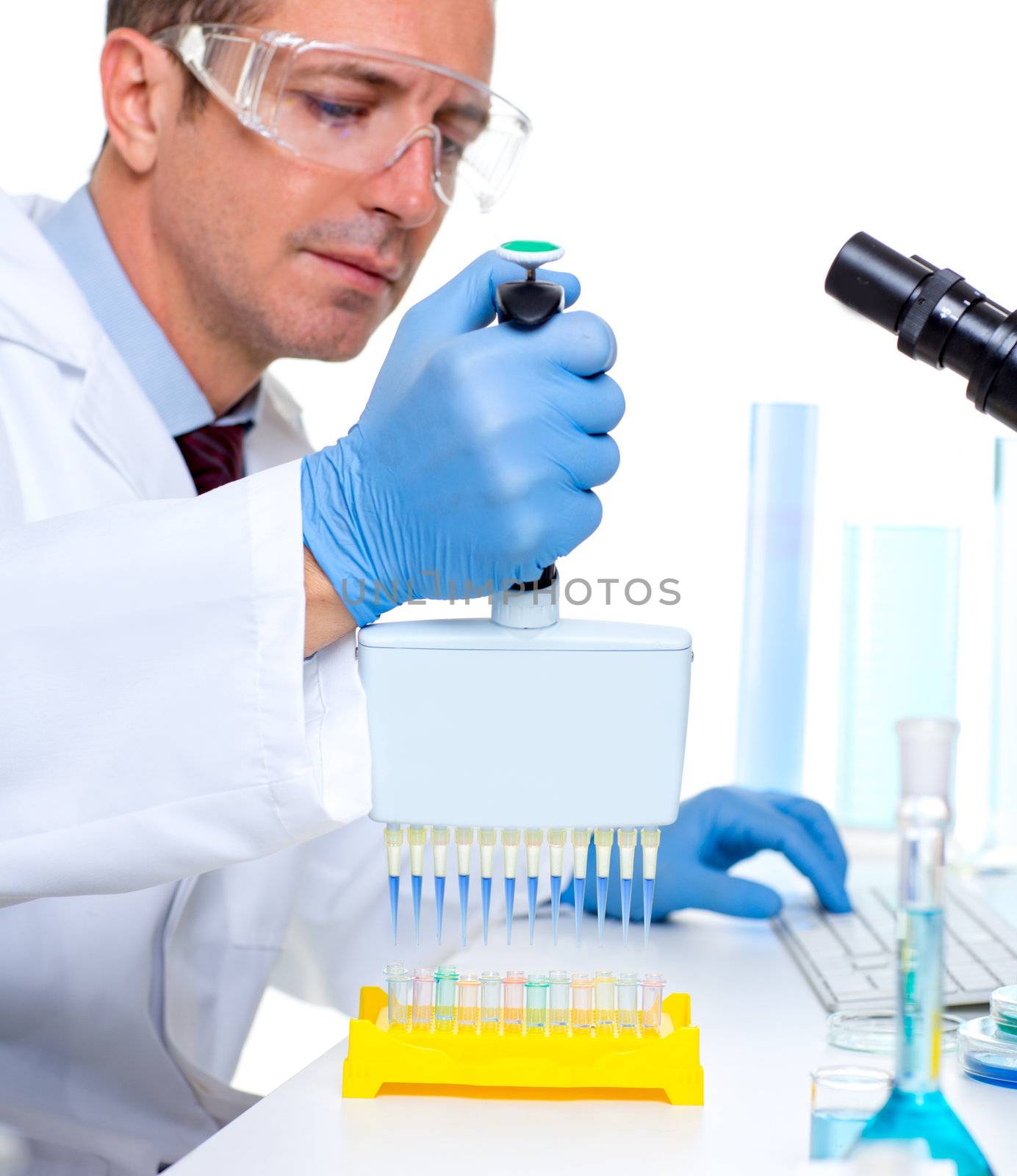 laboratory scientist working at lab with multi channel pipette