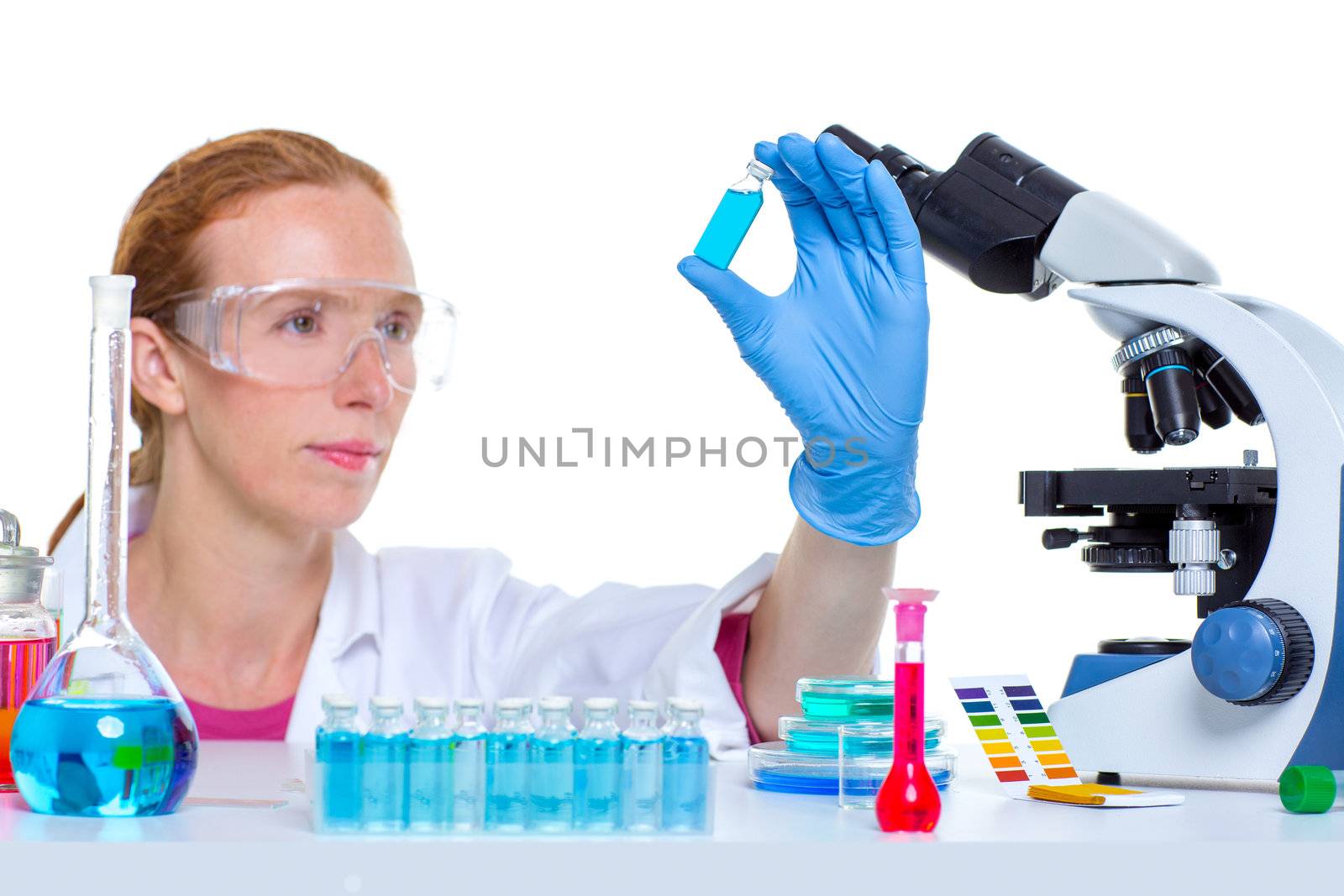 chemical laboratory scientist woman working with glass bottle