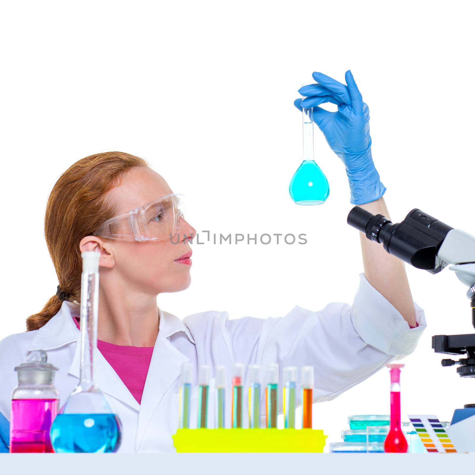 chemical laboratory scientist woman working with glass flask