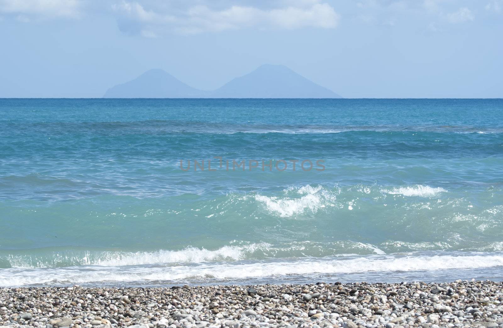 view of the Aeolian Islands from the Brolo beach in the province of Messina, Sicily