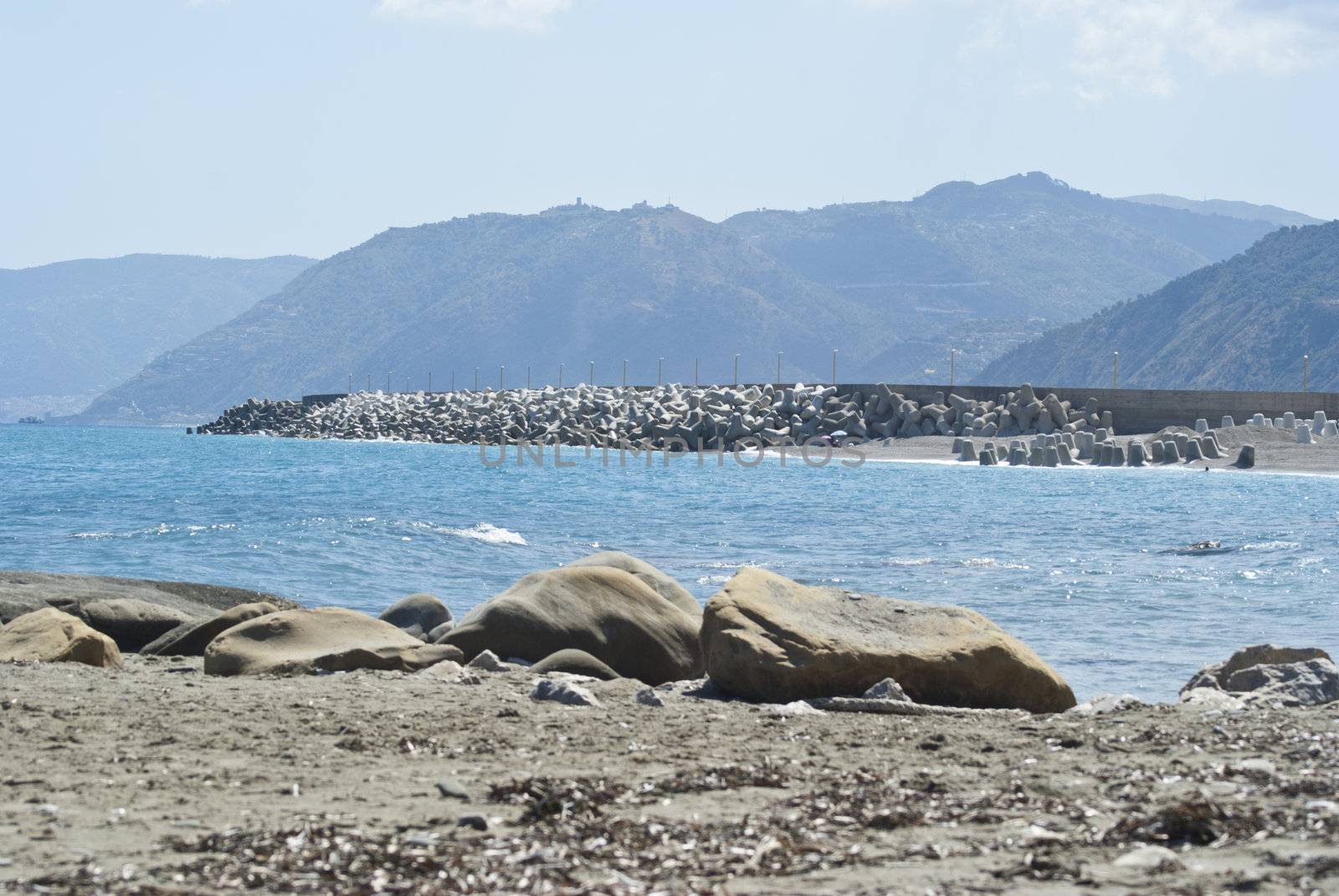 view of the Aeolian Islands from the Brolo beach in the province of Messina, Sicily