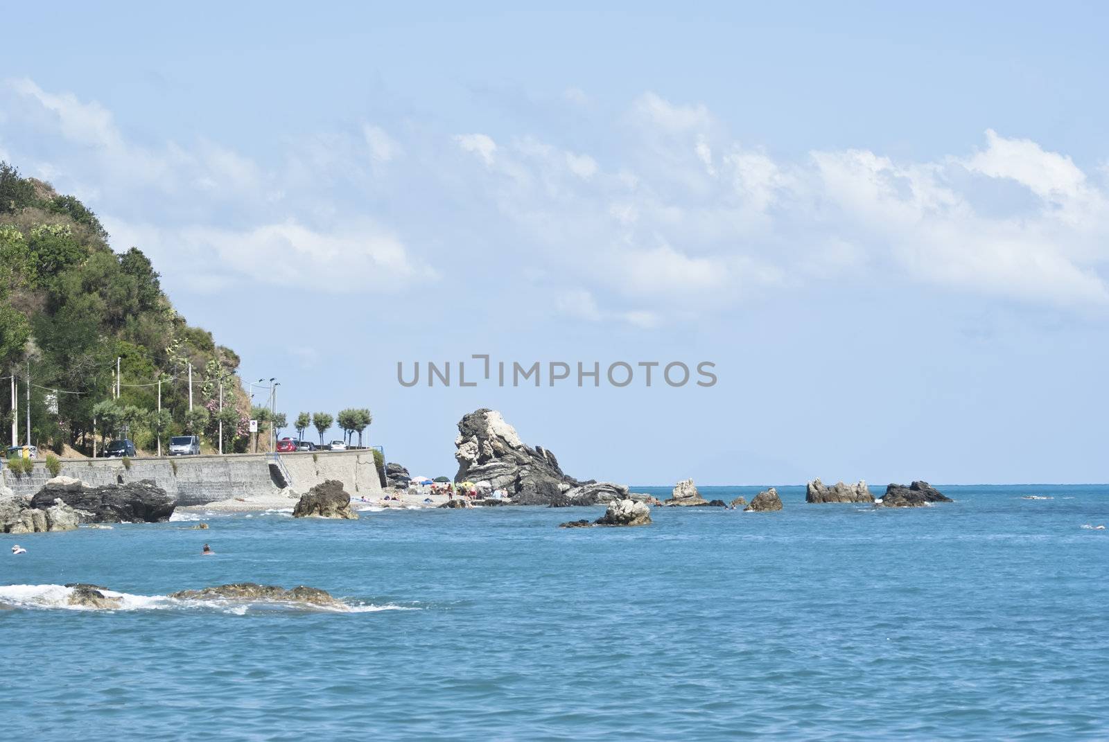 view of the Aeolian Islands from the Brolo beach in the province of Messina, Sicily