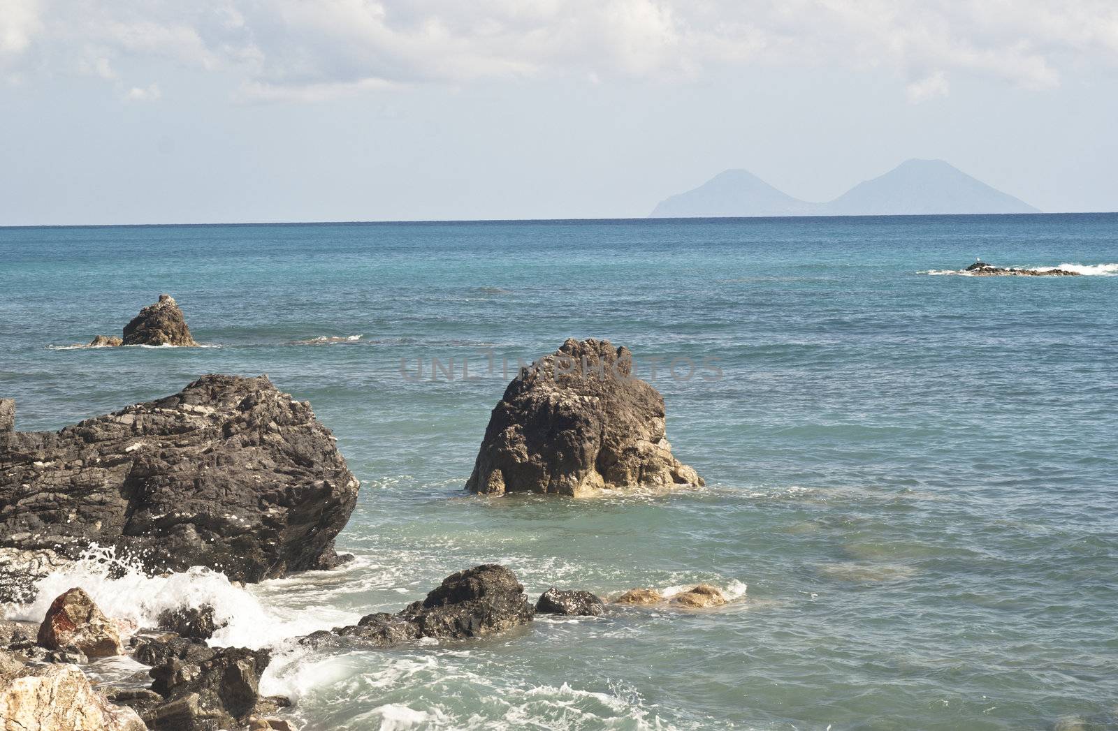 view of the Aeolian Islands from the Brolo beach in the province of Messina, Sicily