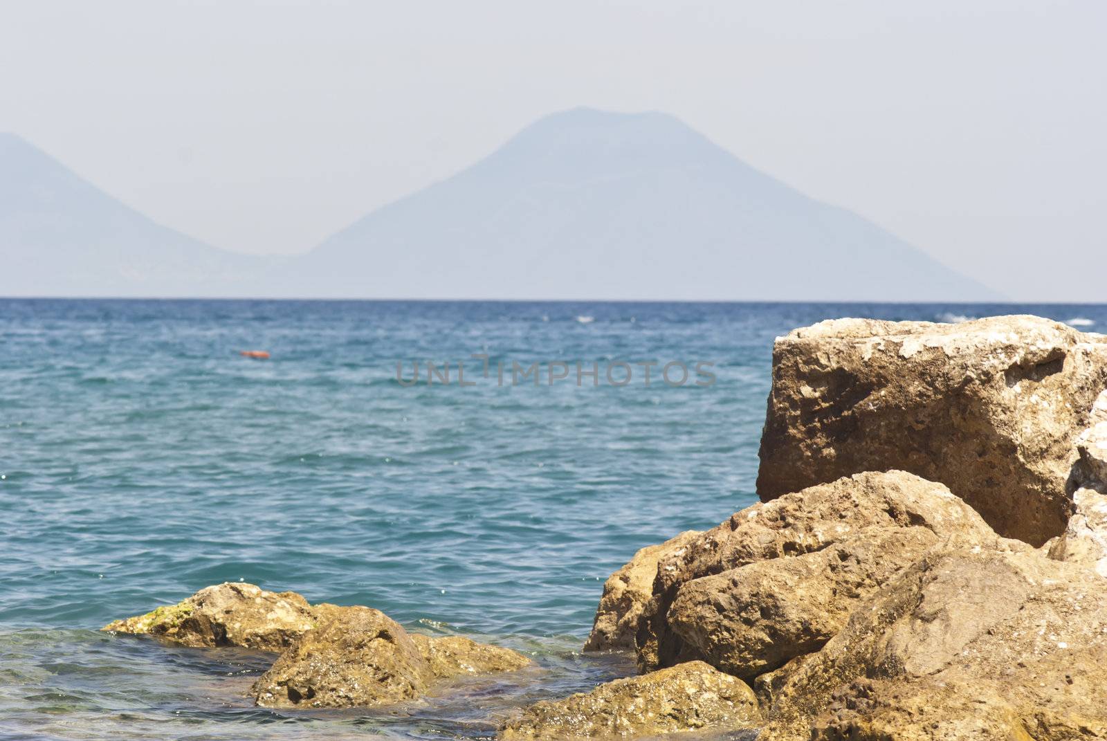 view of the Aeolian Islands from the Brolo beach in the province of Messina, Sicily