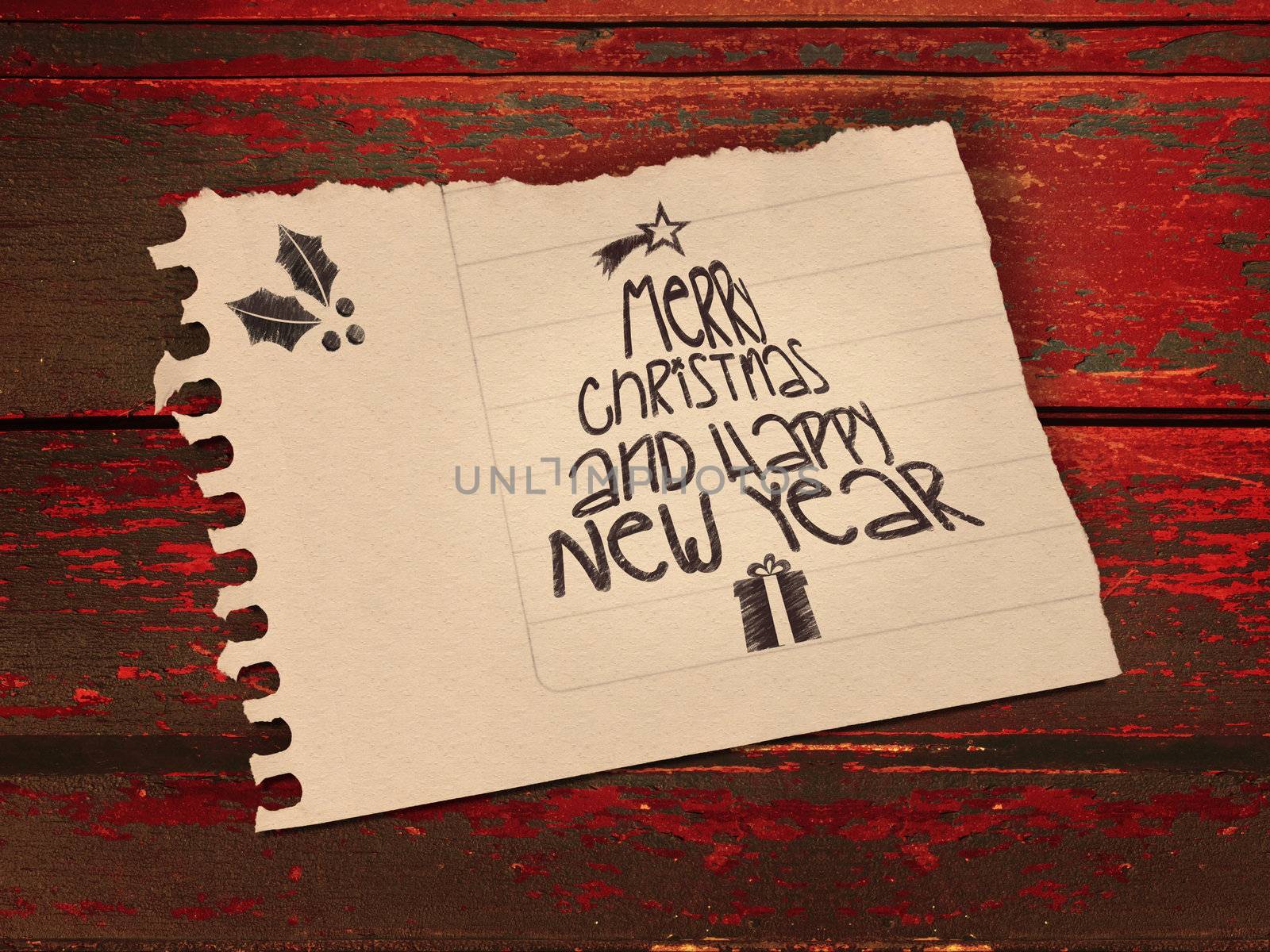 Vintage Merry Christmas and happy new year message in paper note over wooden background. Included clipping path, so you can easily cut it out and place over the top of a design.