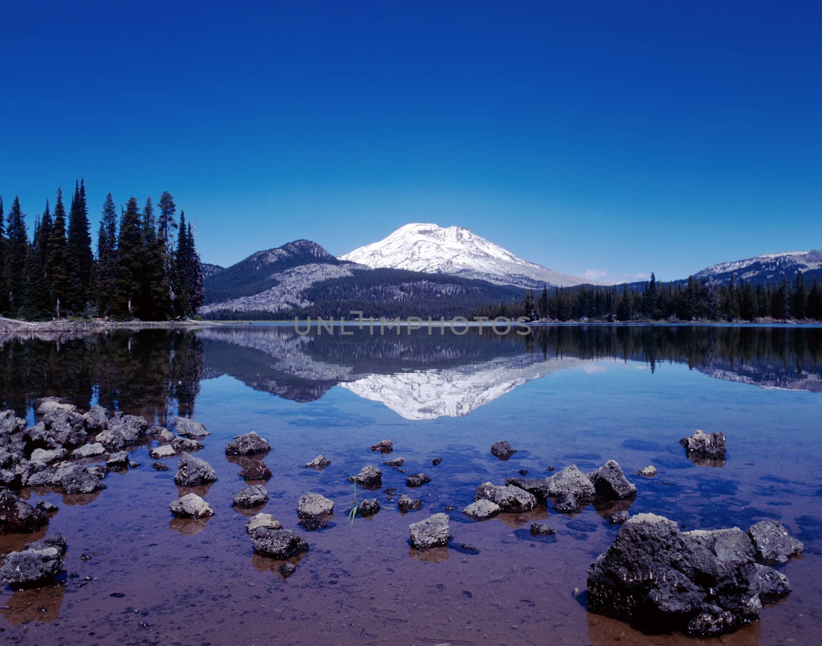 Mountain in Cascades range in Oregon reflected in a lake with clear blue sky and pine trees on either side