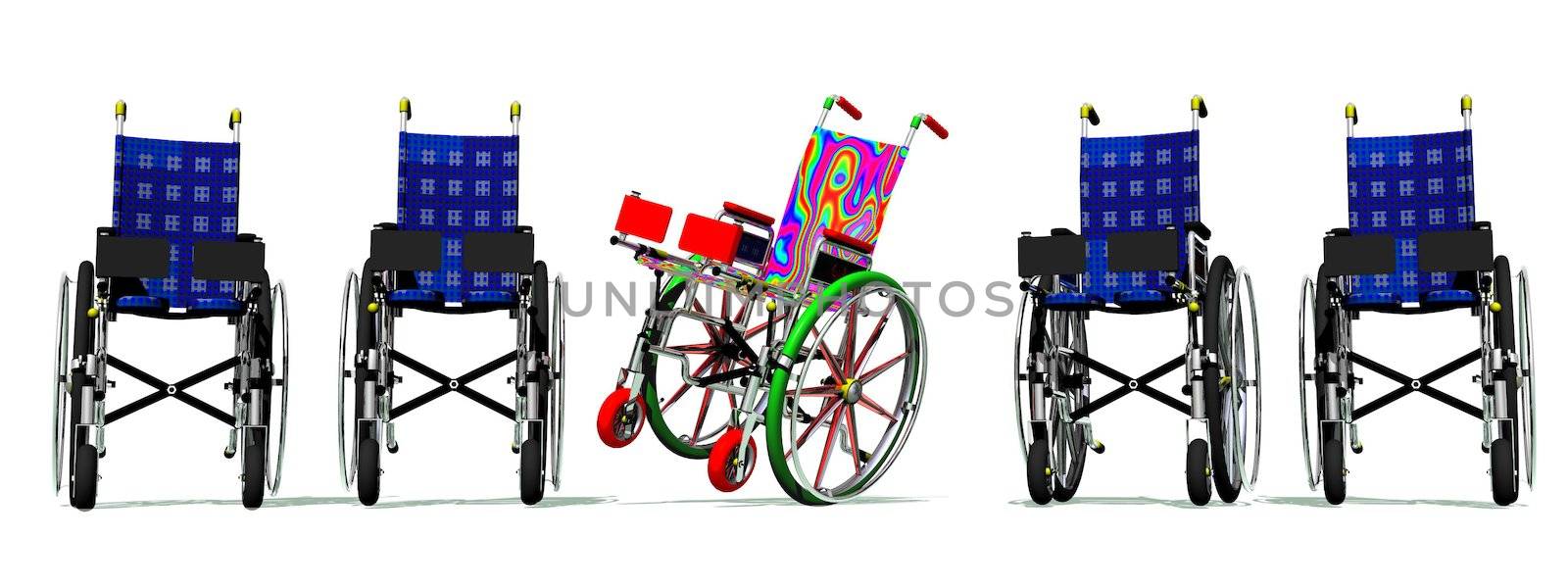 Funny and happy colorful wheelchair among static blue others