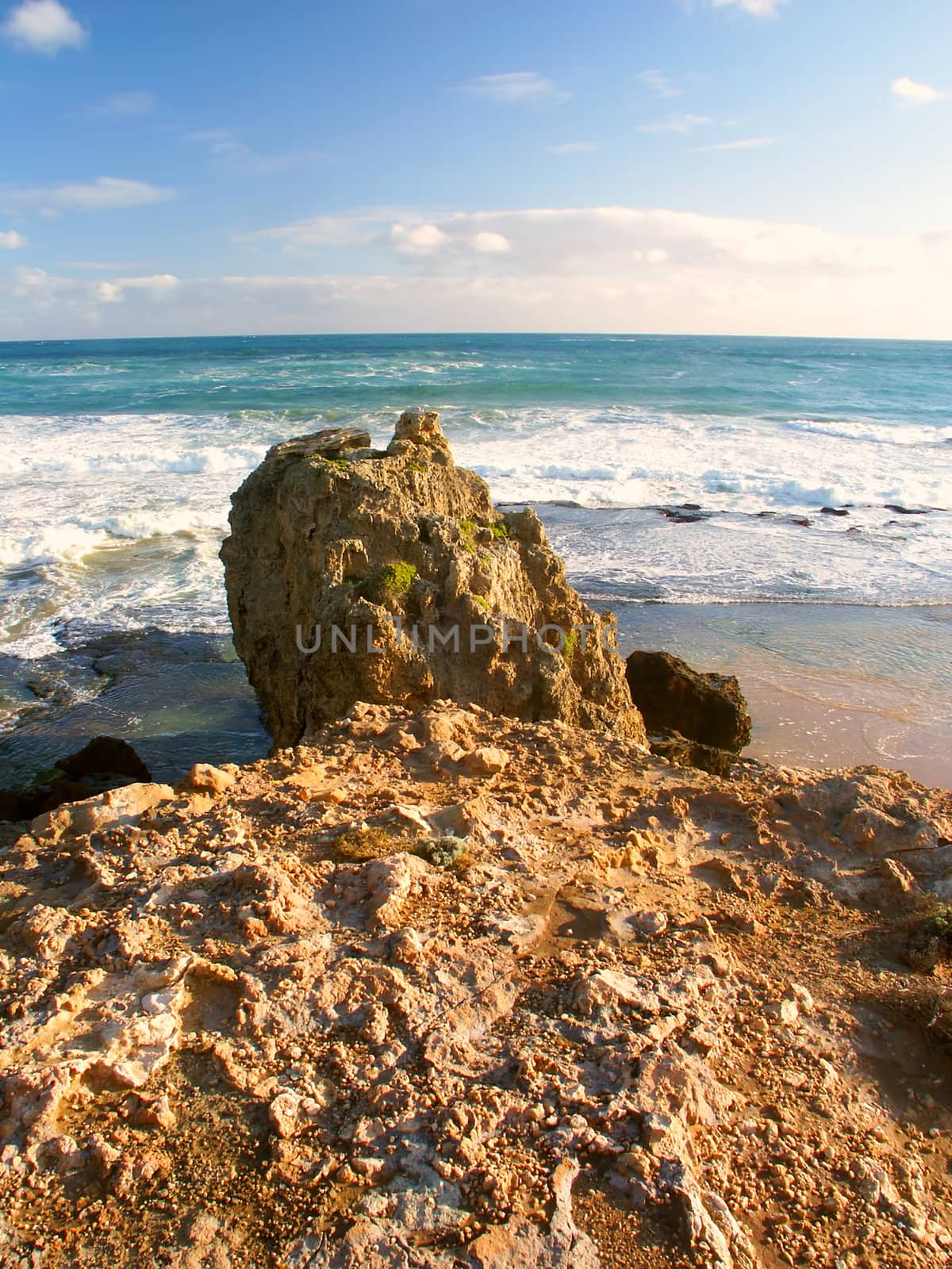 Jagged rocks adorn the coastline of southern Australia near Warrnambool, Victoria.
