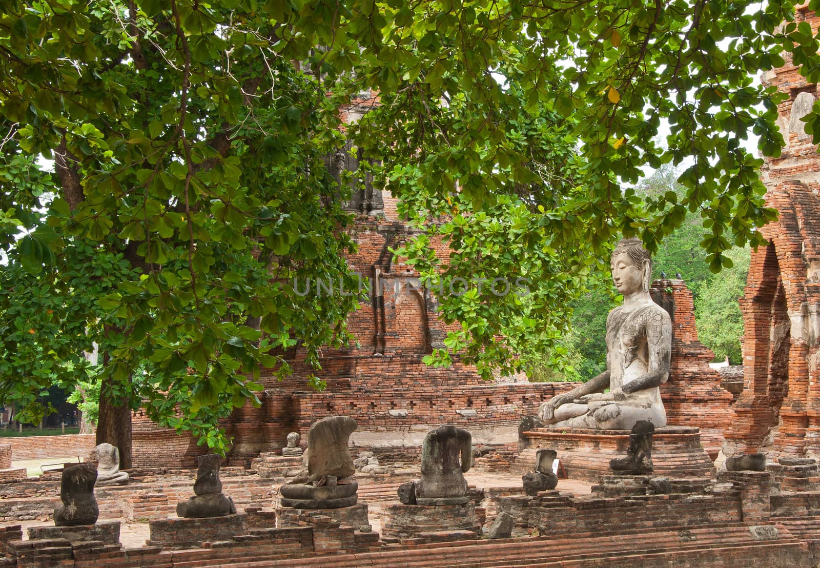 The big ancient buddha statue in ruined old temple at Ayutthaya historical park, Thailand