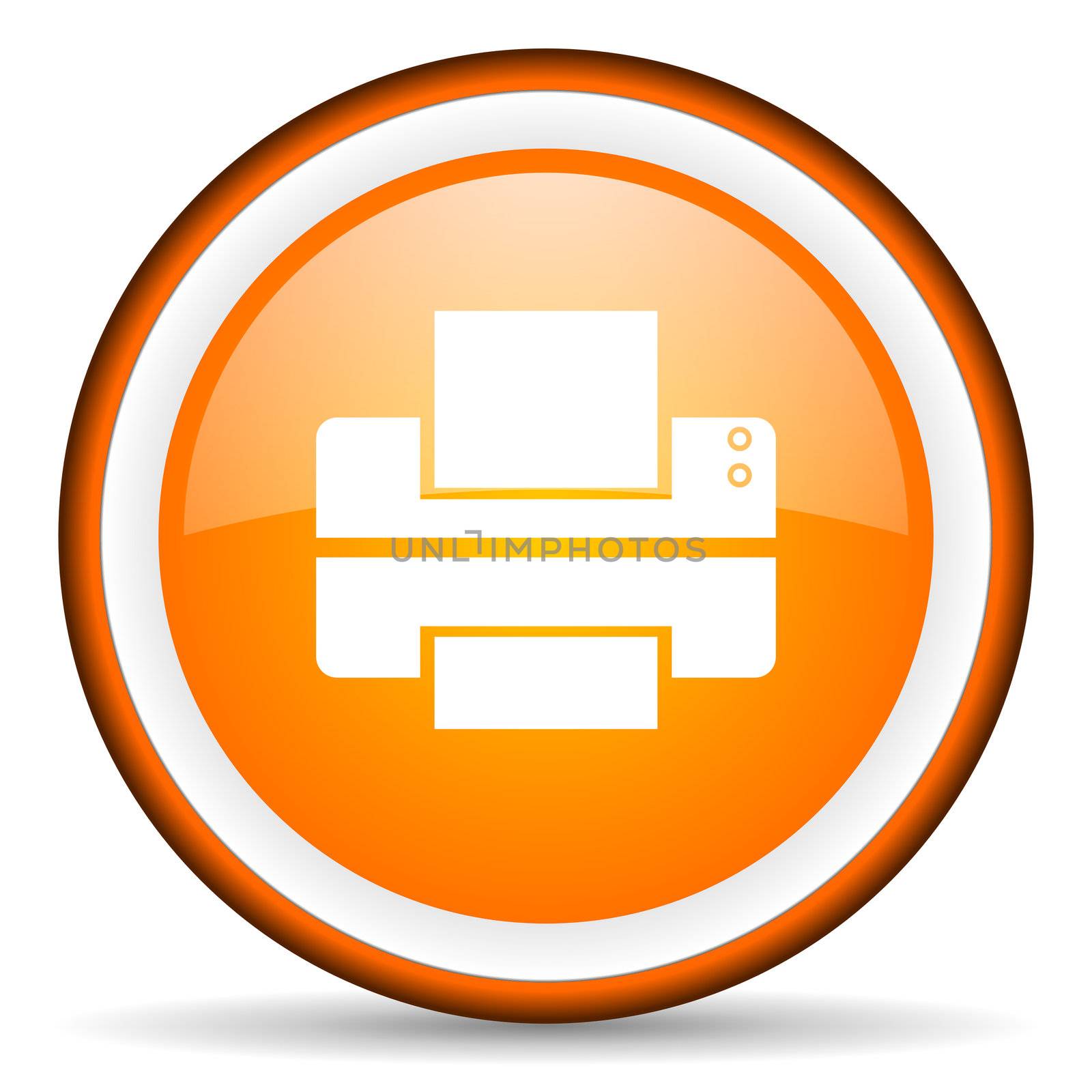 printer orange glossy circle icon on white background