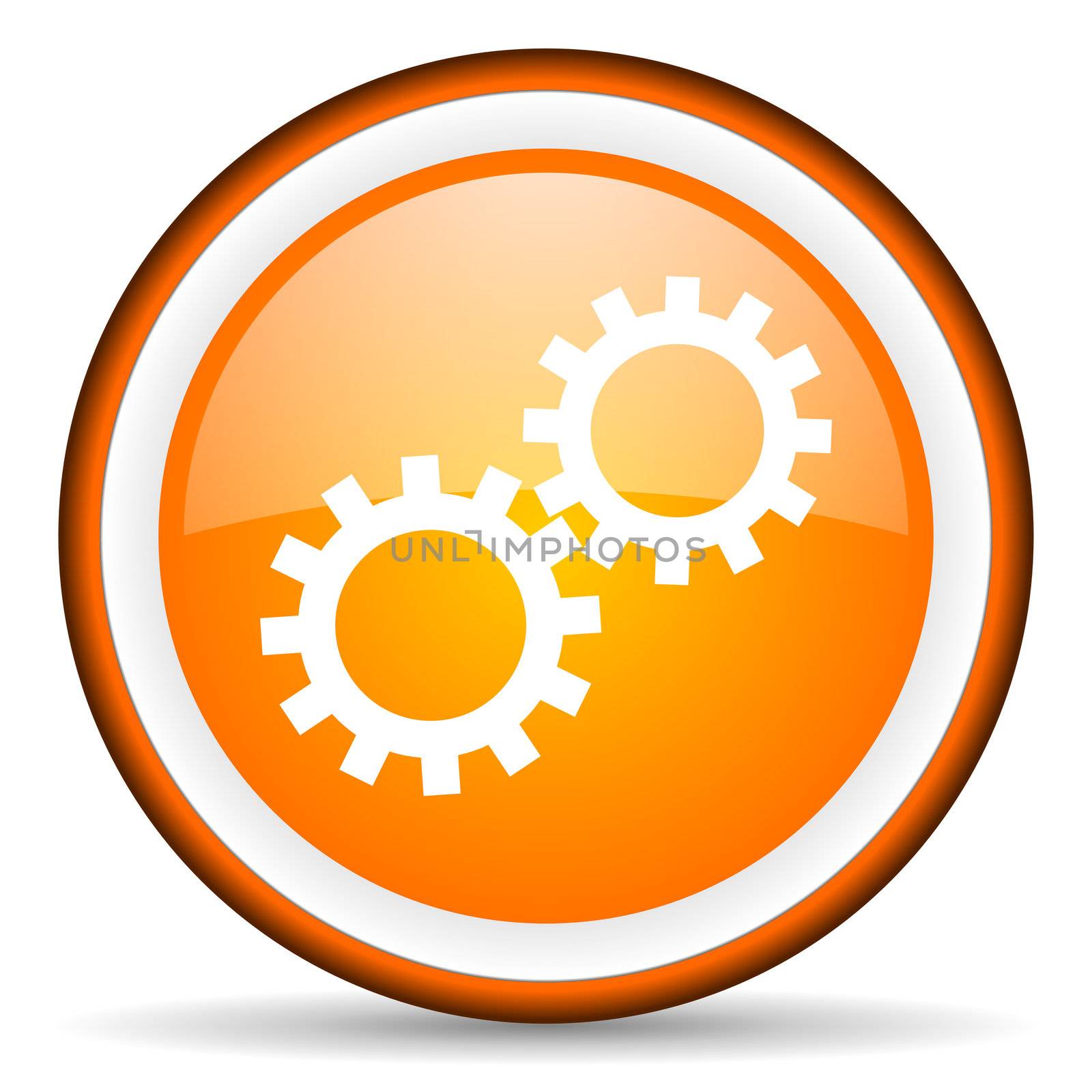 gears orange glossy circle icon on white background