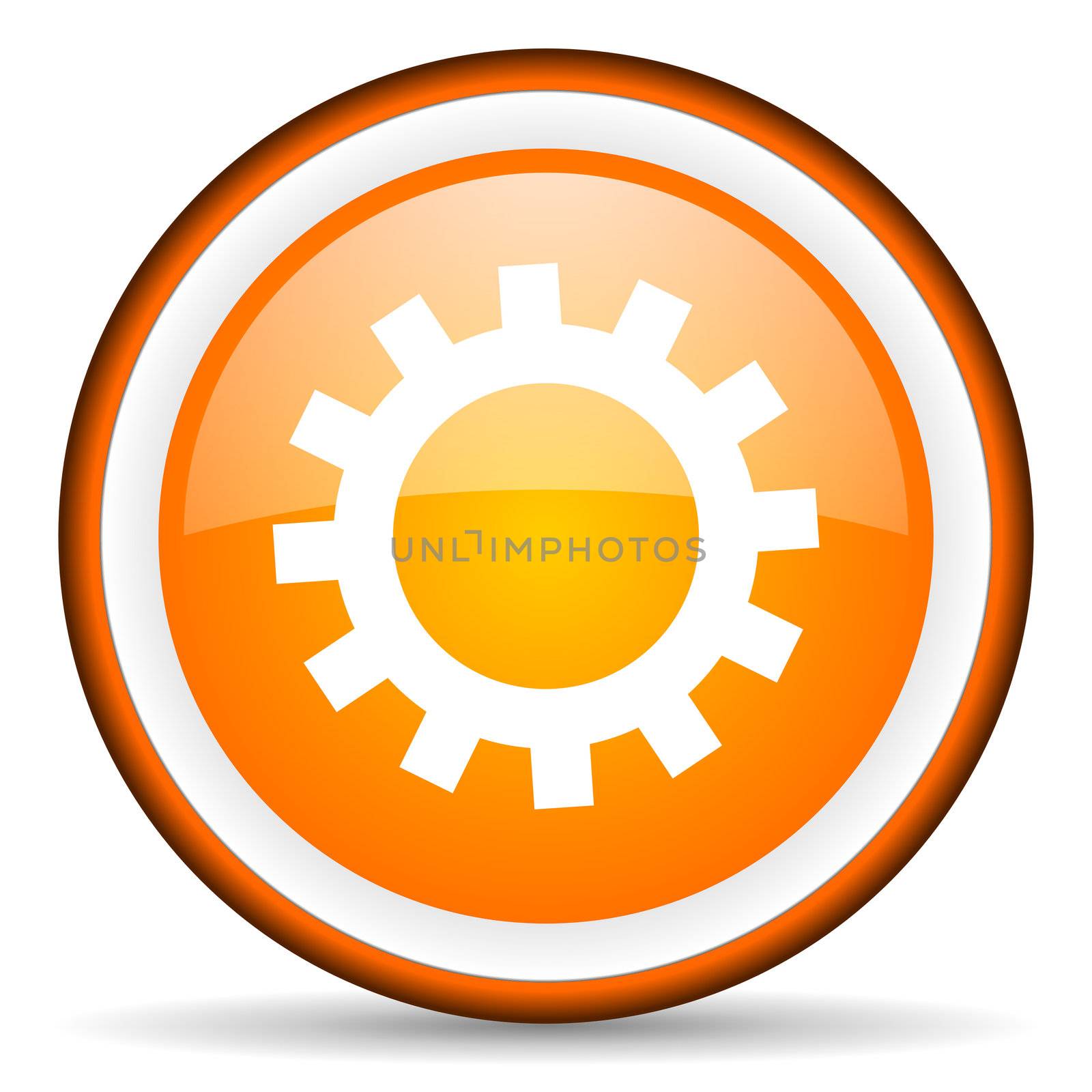 gears orange glossy circle icon on white background