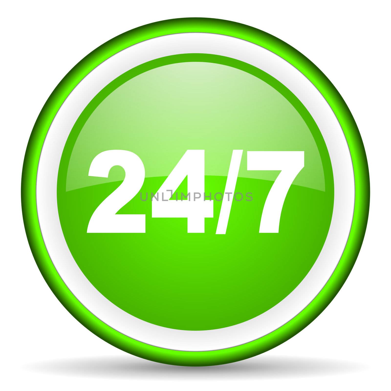 24/7 green glossy icon on white background