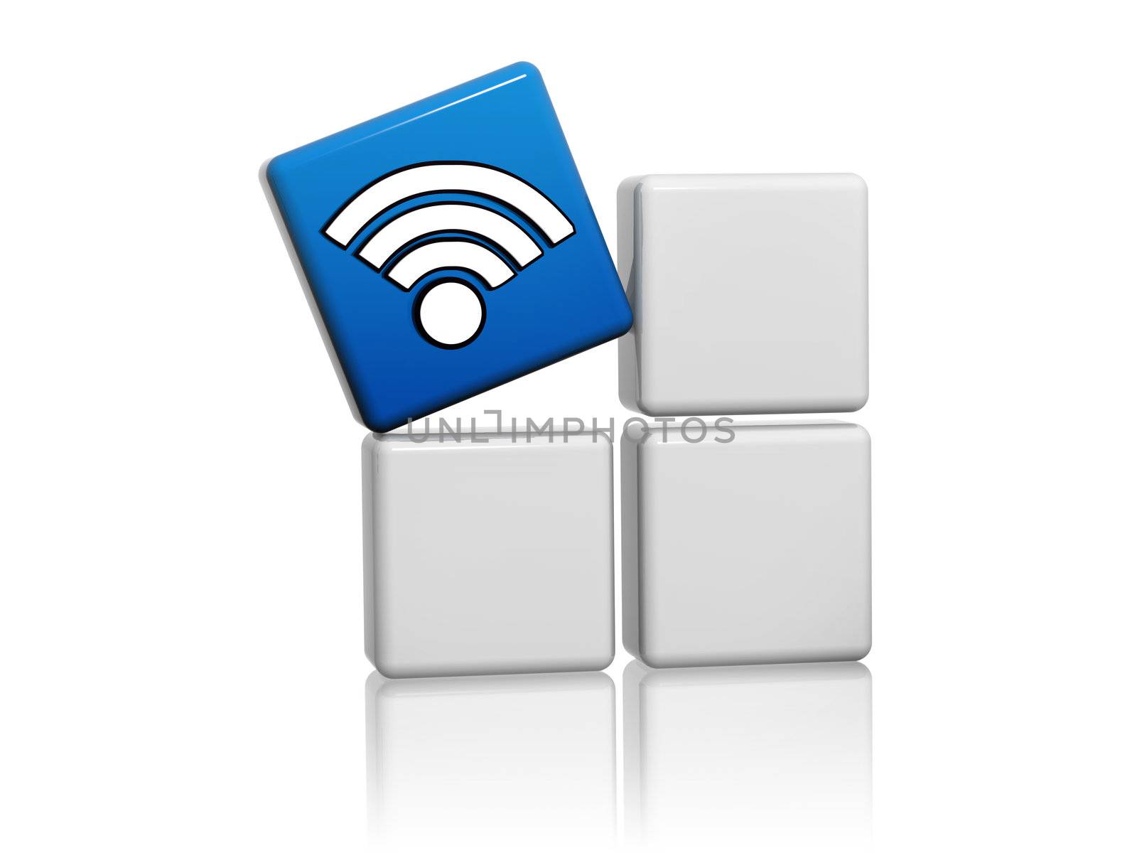 3d blue cube with wifi symbol like icon on grey boxes