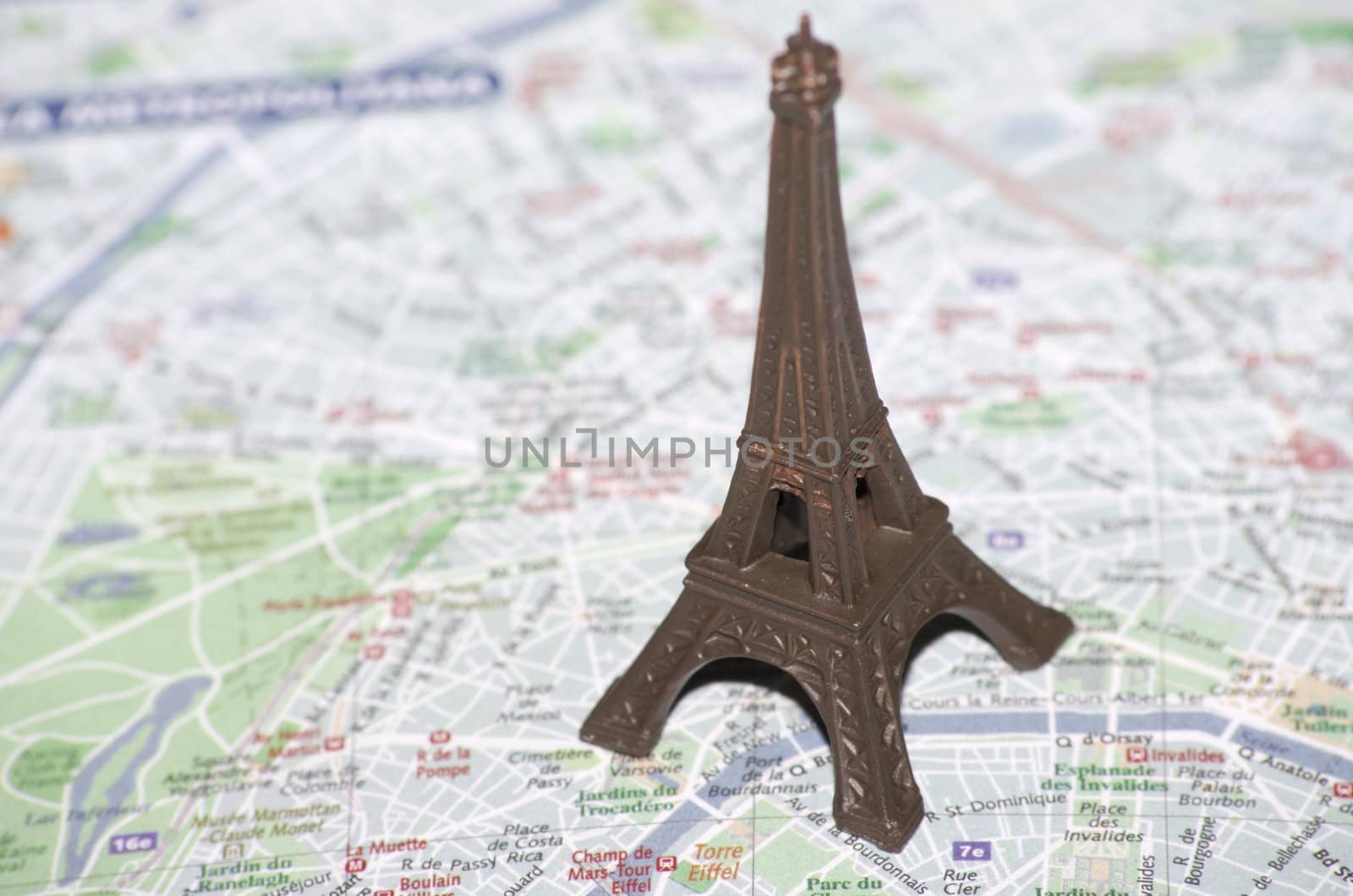 Eiffel Tower on a map of Paris