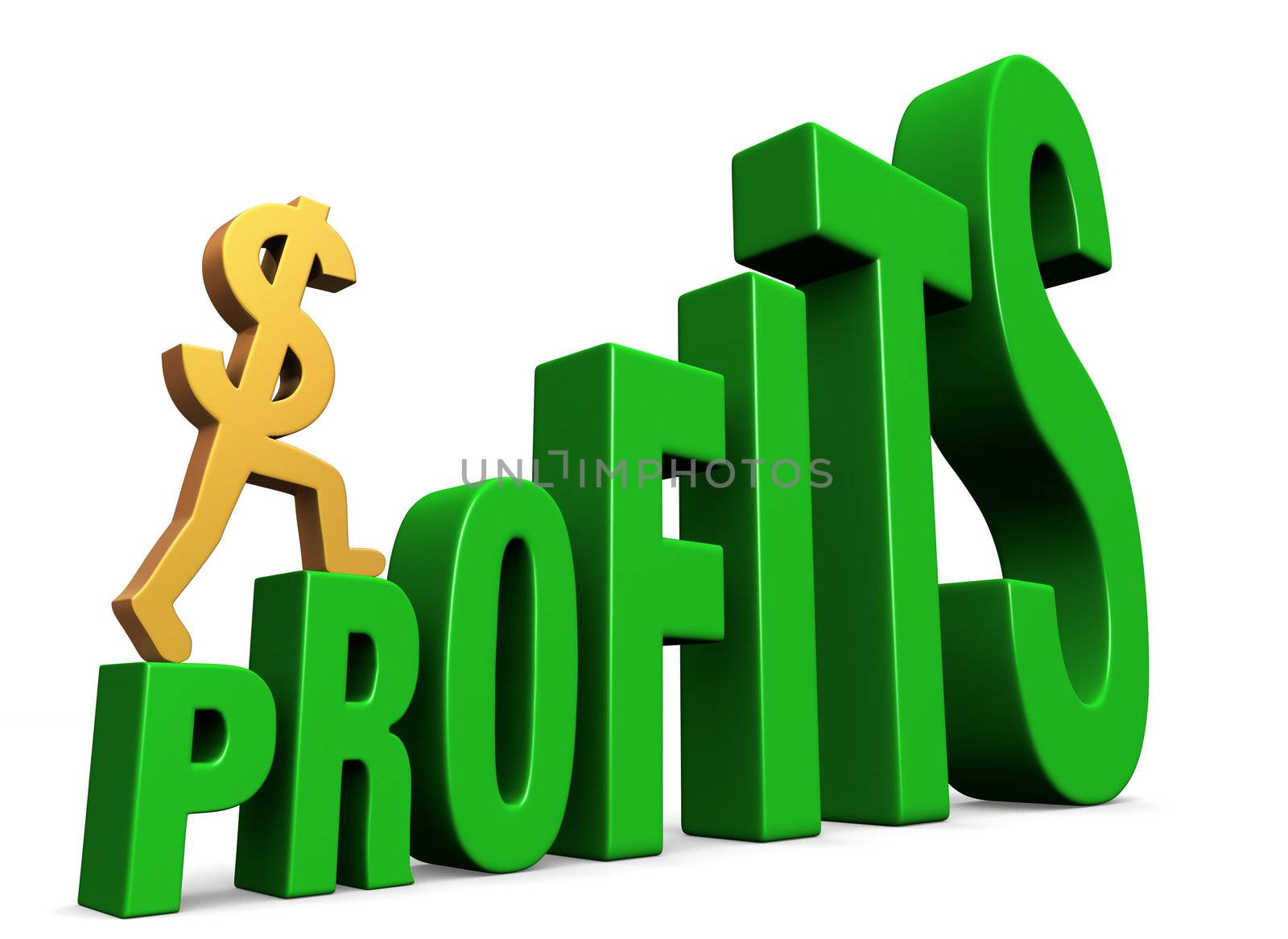 A gold dollar sign climbing green steps forming the word, "PROFITS". On white with drop shadow.