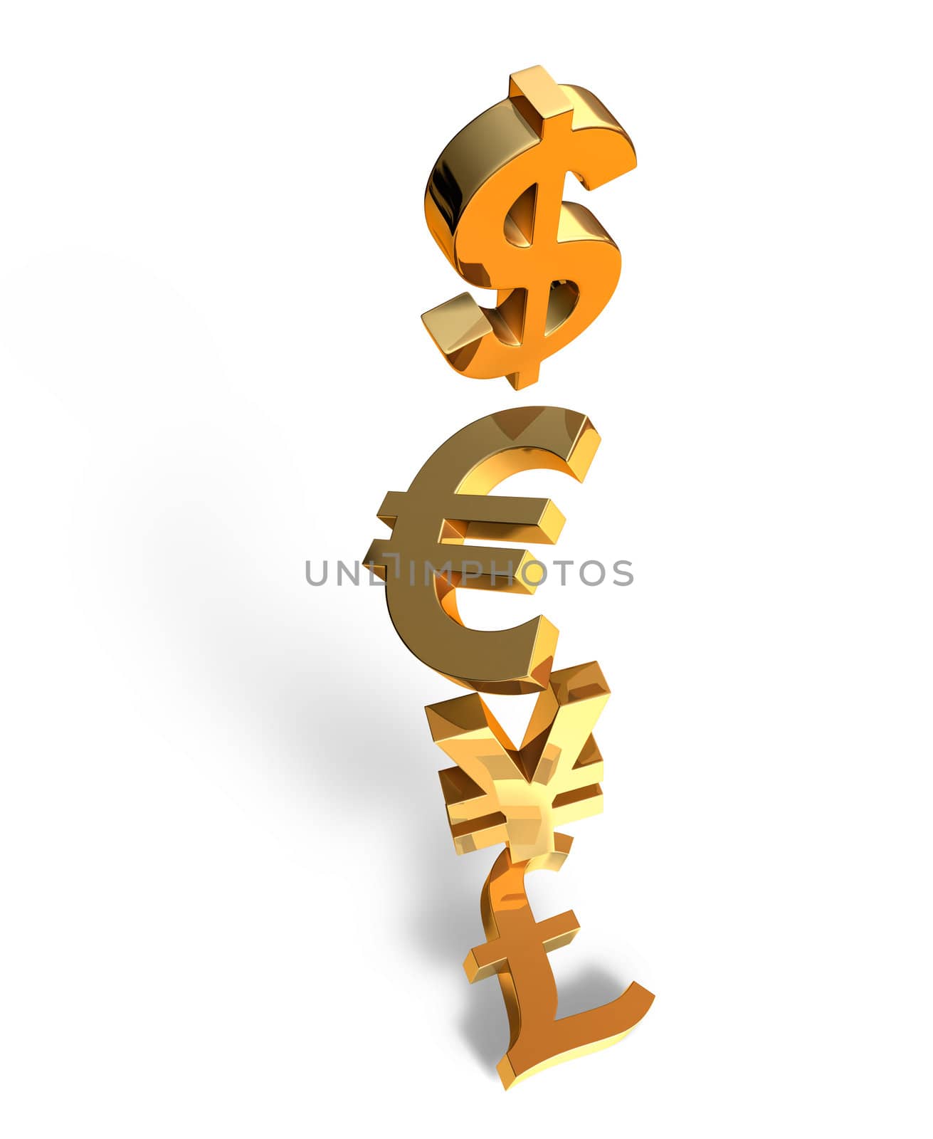 Unstable tower of major currency symbols collapsing and falling.  With drop shadow on white.