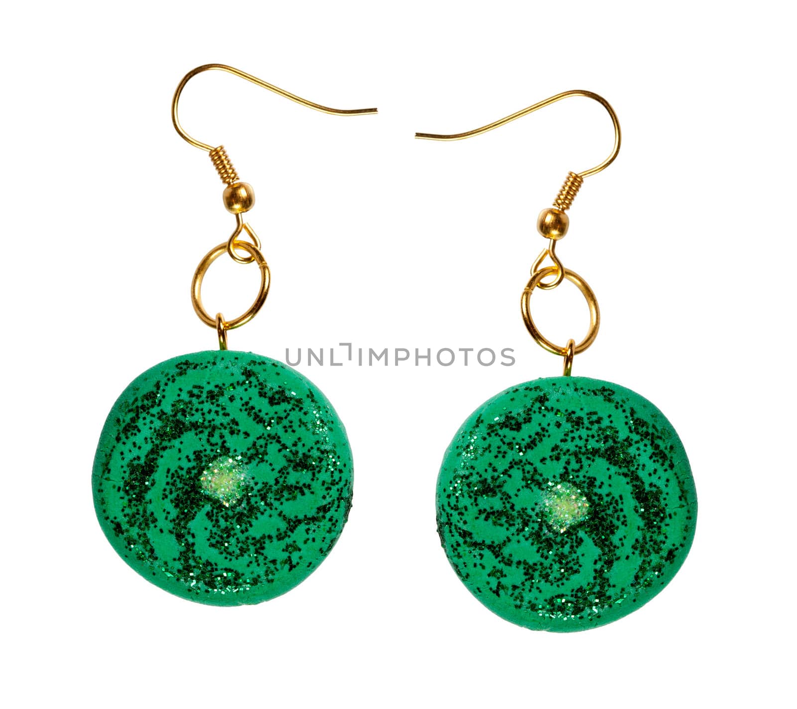 Earrings green color of the plastic clay isolated on a white background. collage