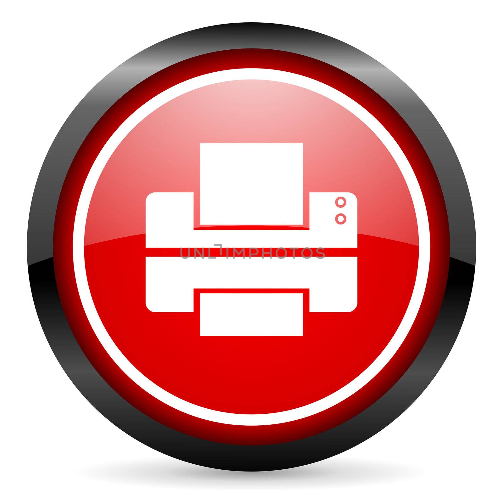 printer round red glossy icon on white background