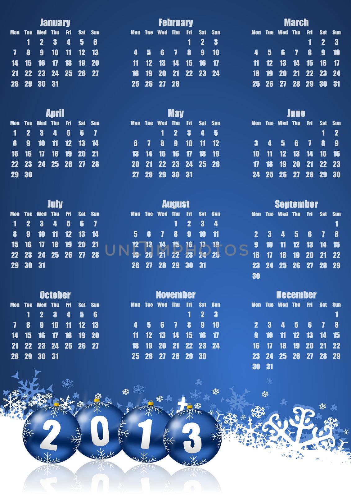 new years 2013 calendar with christmas balls