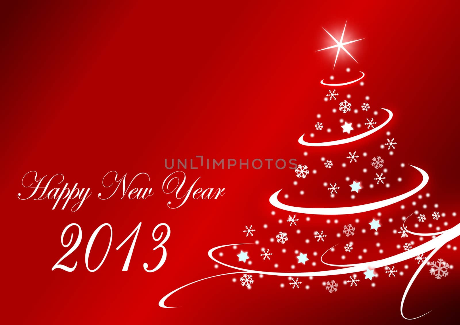 2013 new years illustration with christmas tree and snowflakes on red background