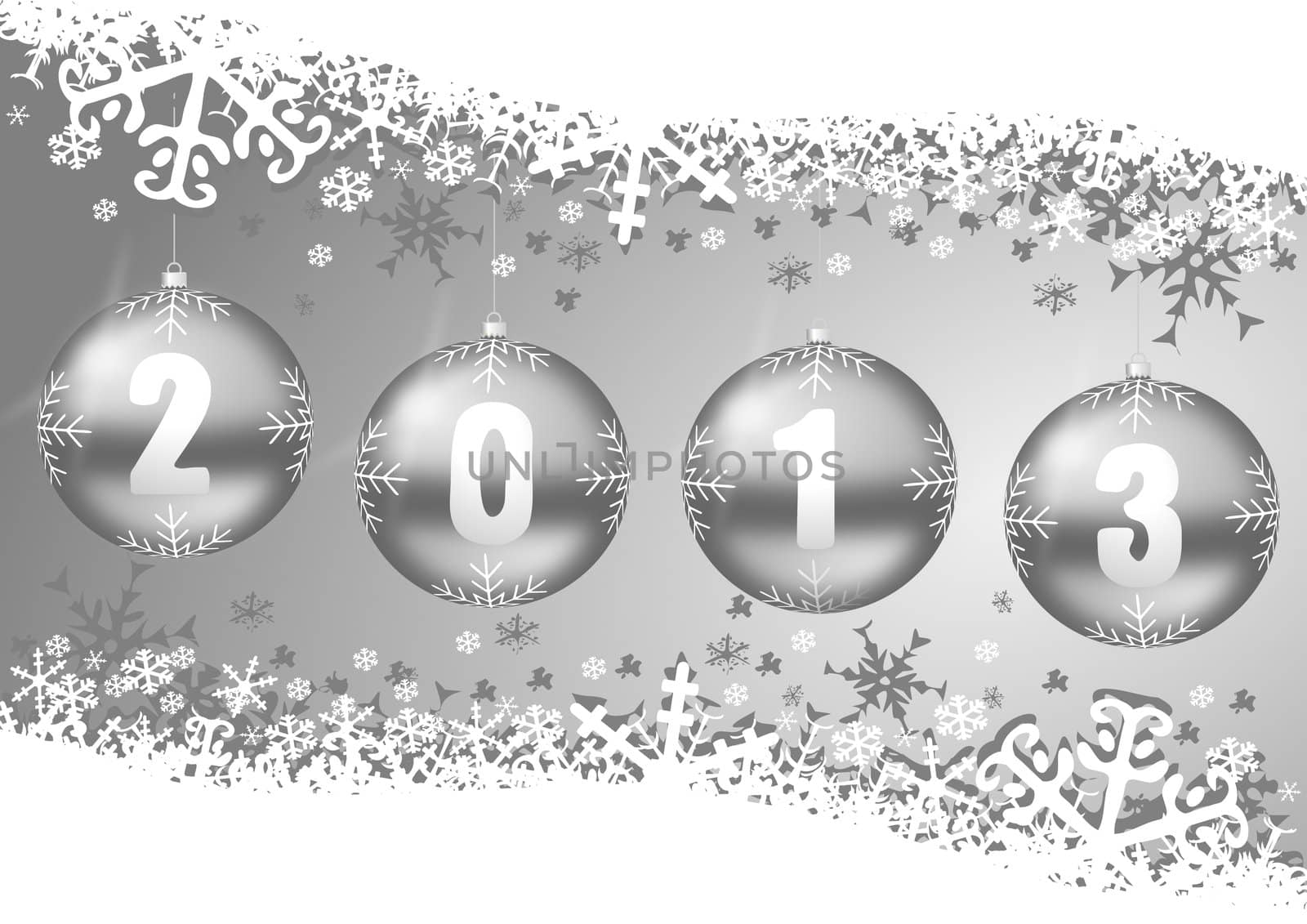 2013 new years decoration with christmas balls and snowflakes
