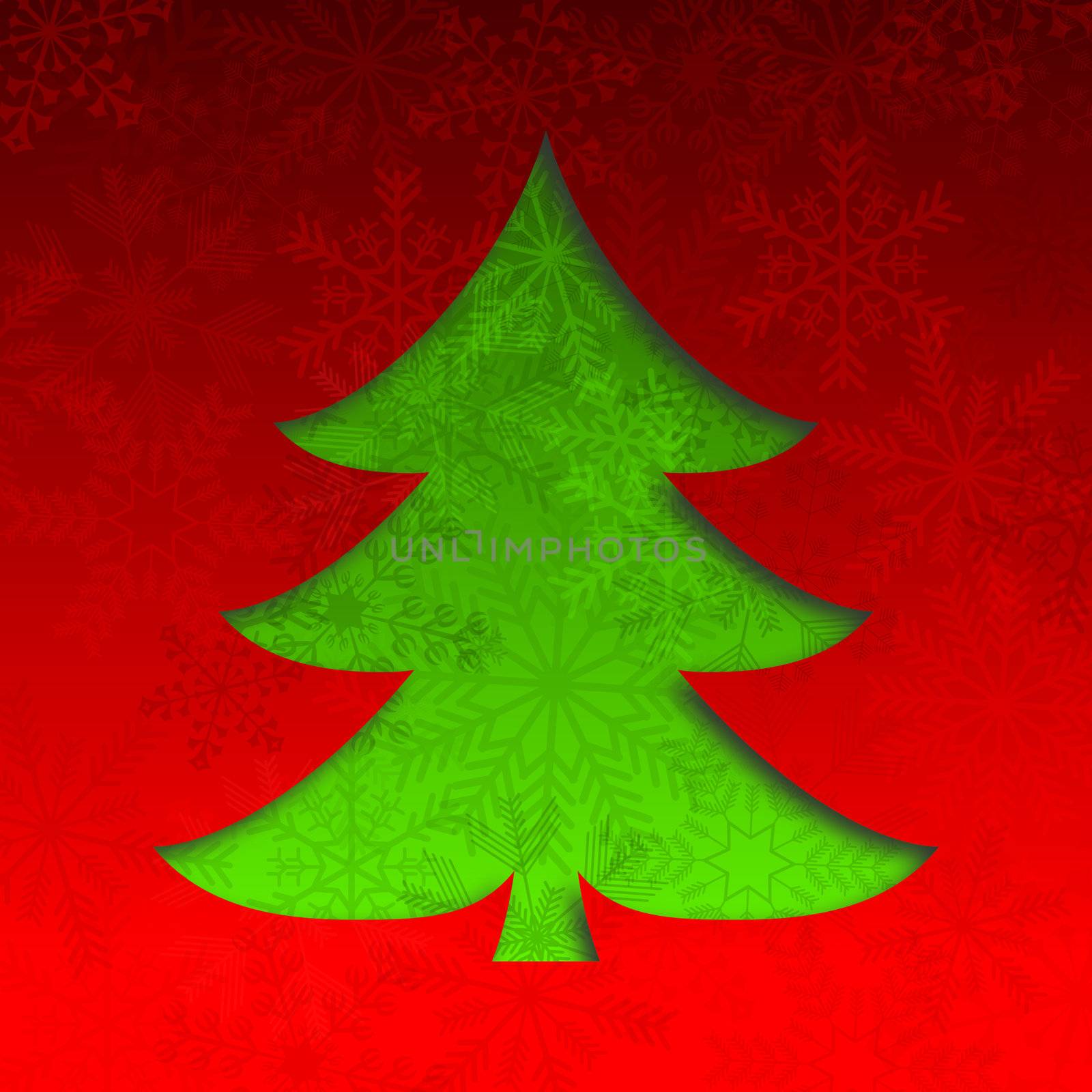 christmas tree illustration with snowflakes on red background