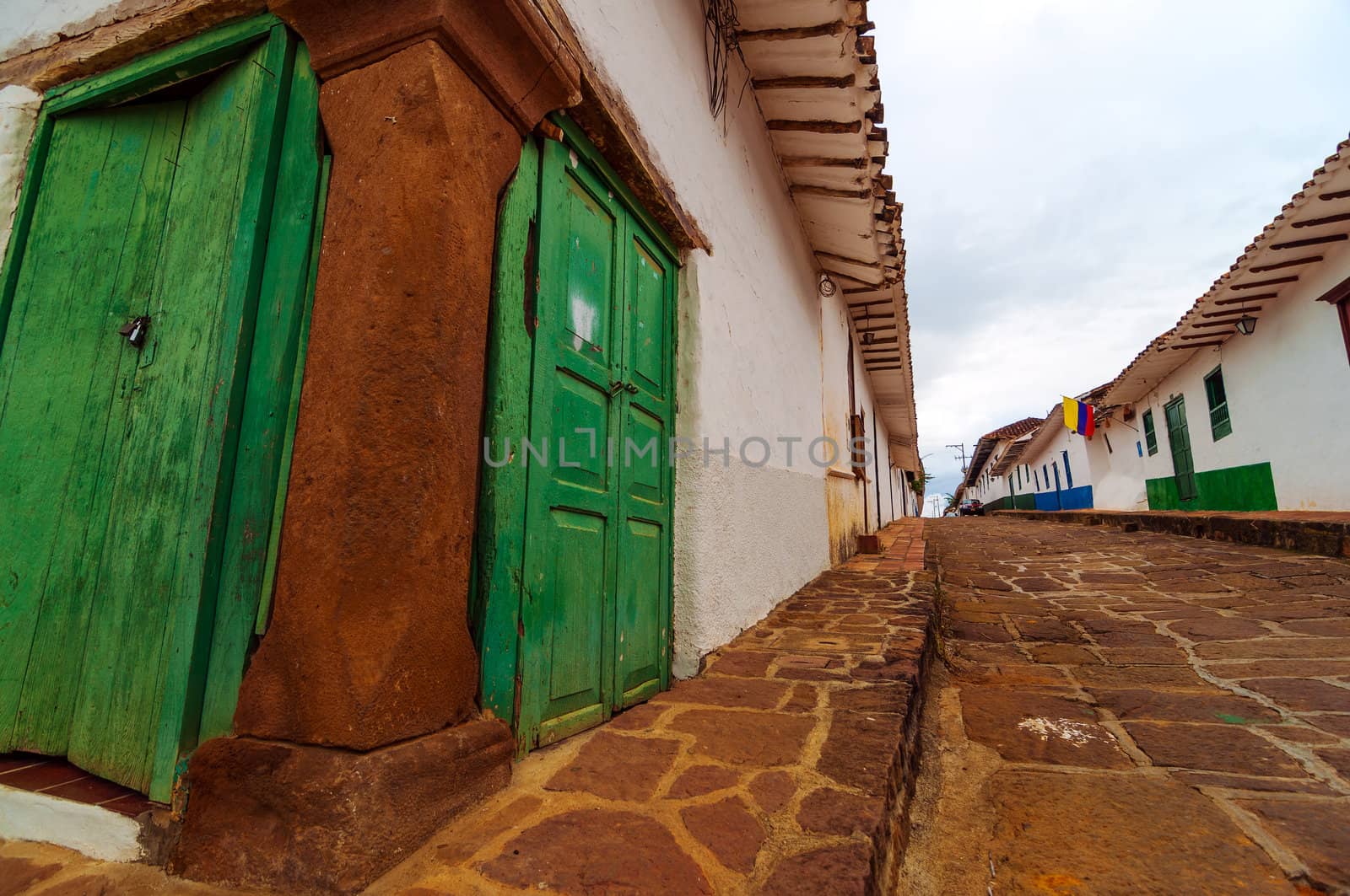 View of old colonial street corner in Barichara, Colombia