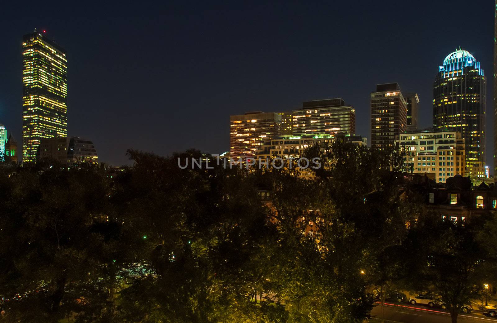 View of Boston's Back Bay skyline at night