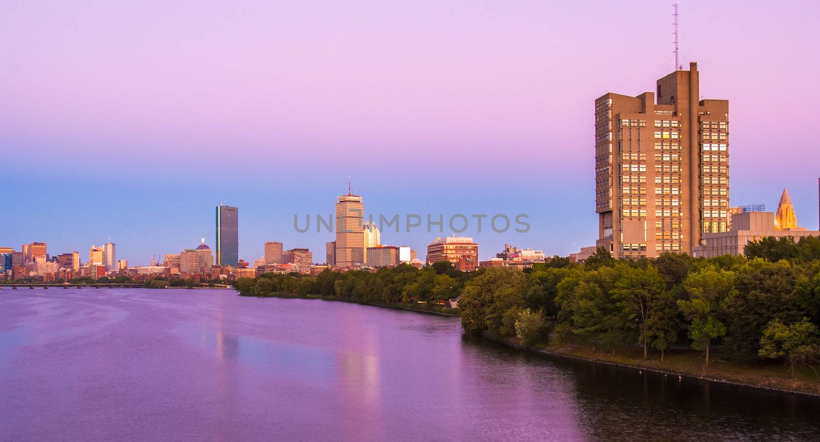 View of Boston, Cambridge, Harvard Boathouse, Charles River