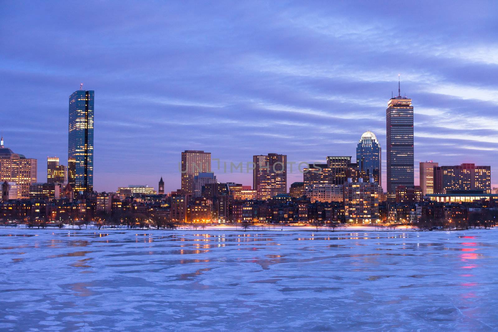 Boston's Back Bay with the Charles River frozen over