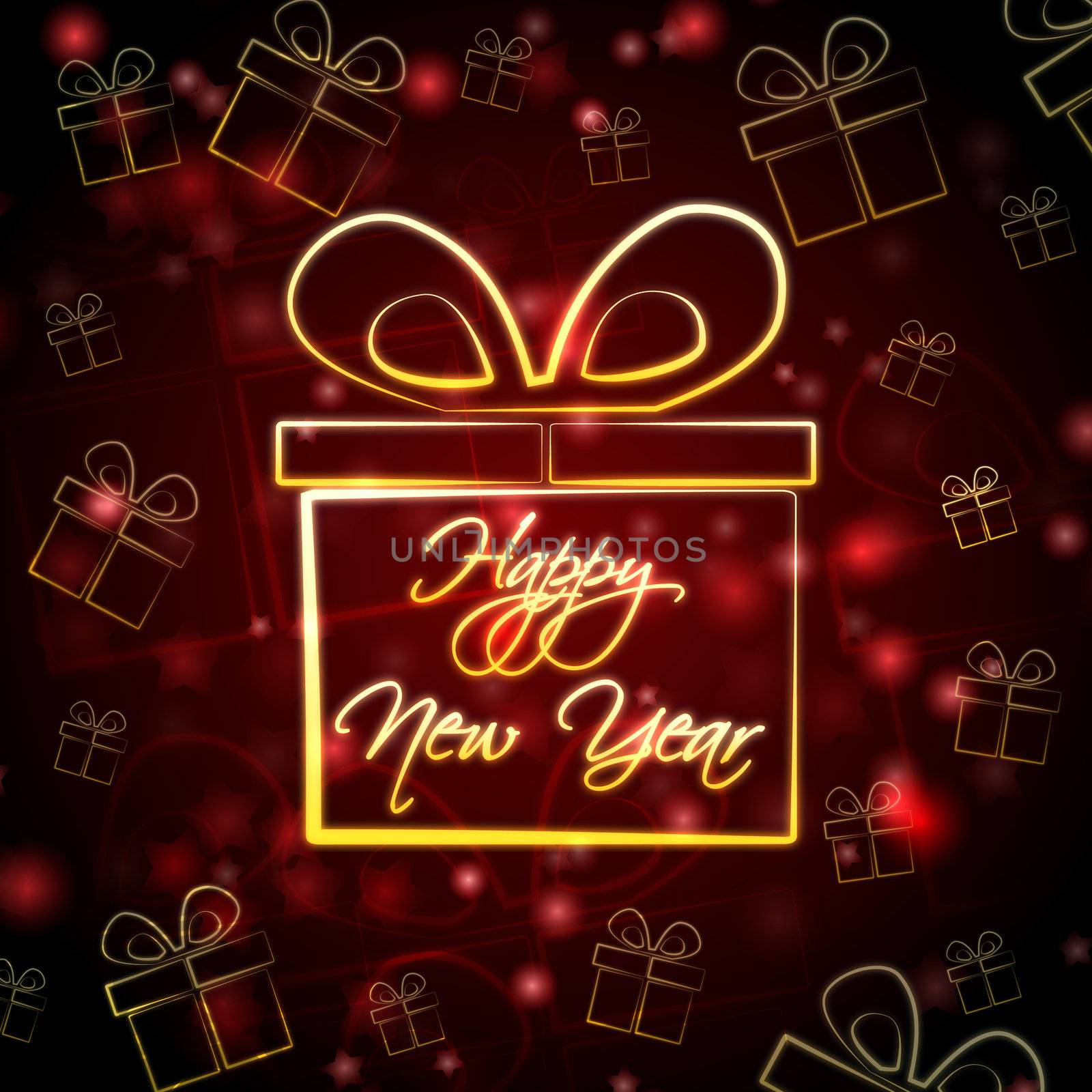 abstract red background card with golden presents boxes and text Happy New Year