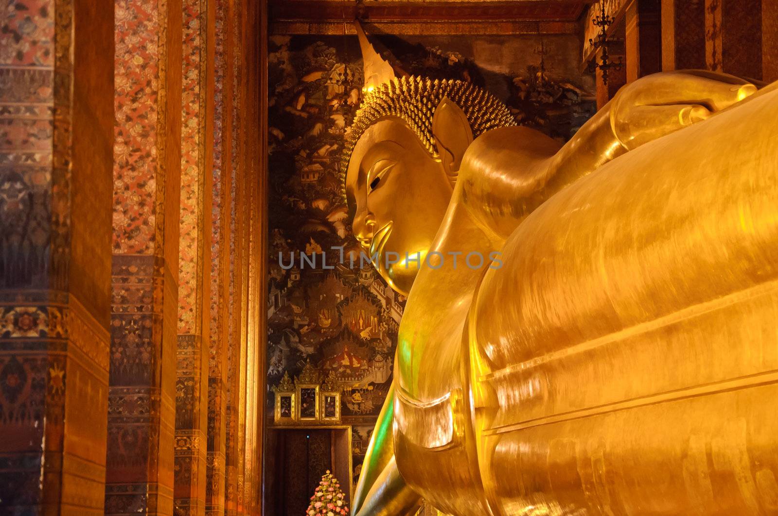 Reclining buddha statue at Wat Pho temple public place, Bangkok, Thailand