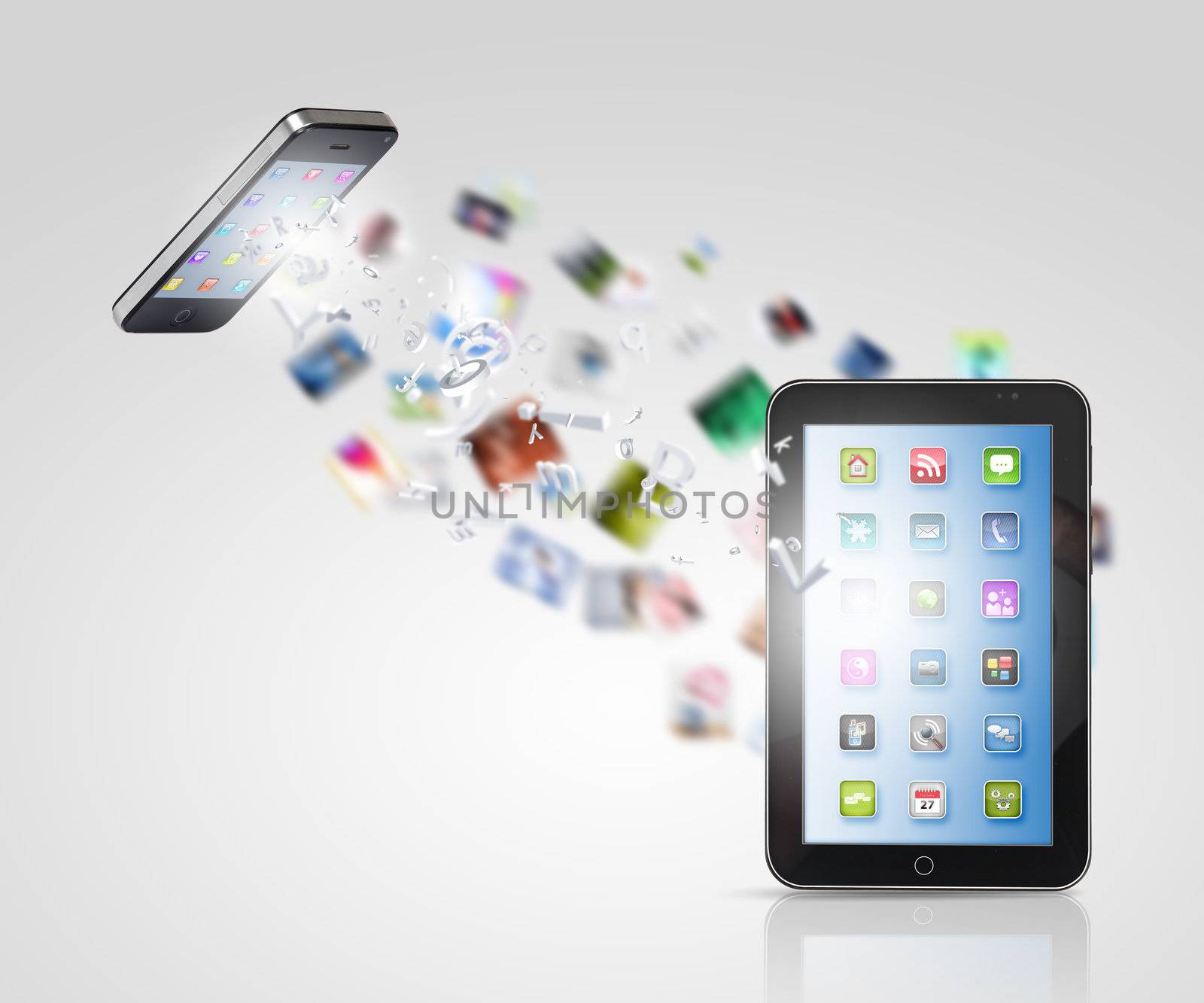 Modern communication technology illustration with mobile phone and high tech background