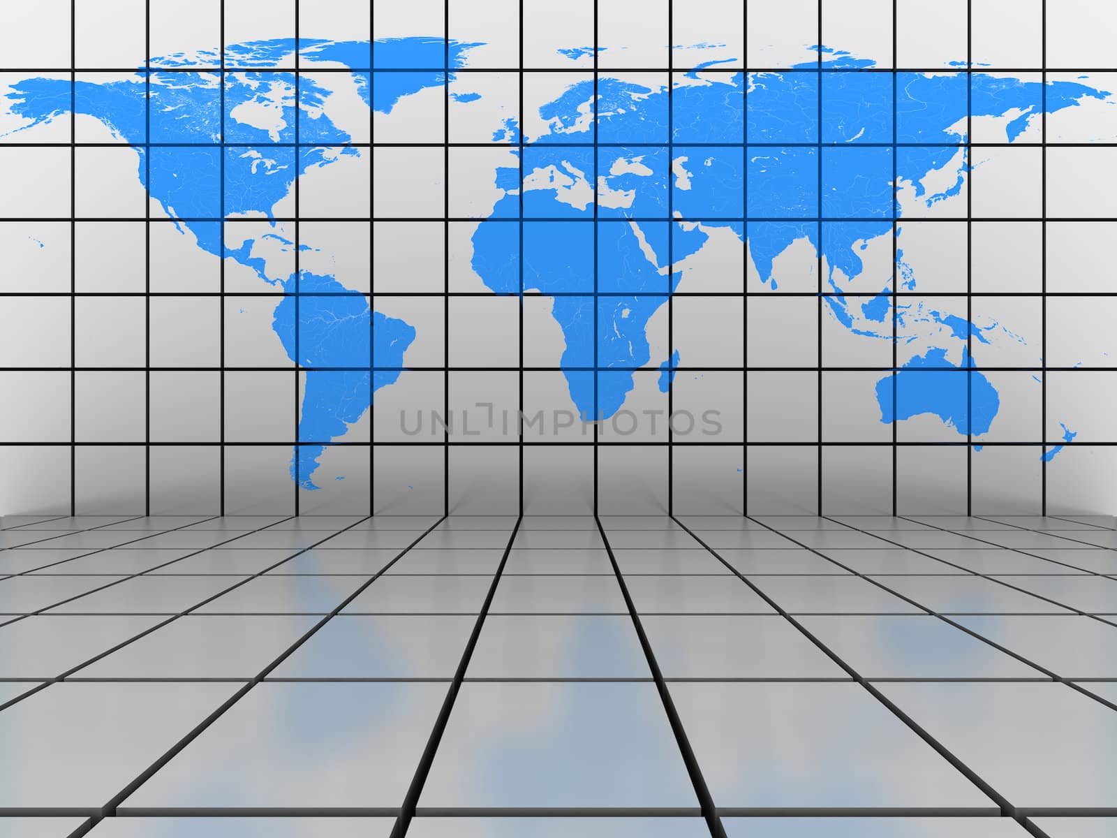 Tiled background scene with blue world map on the vertical wall. Elements of this image furnished by NASA