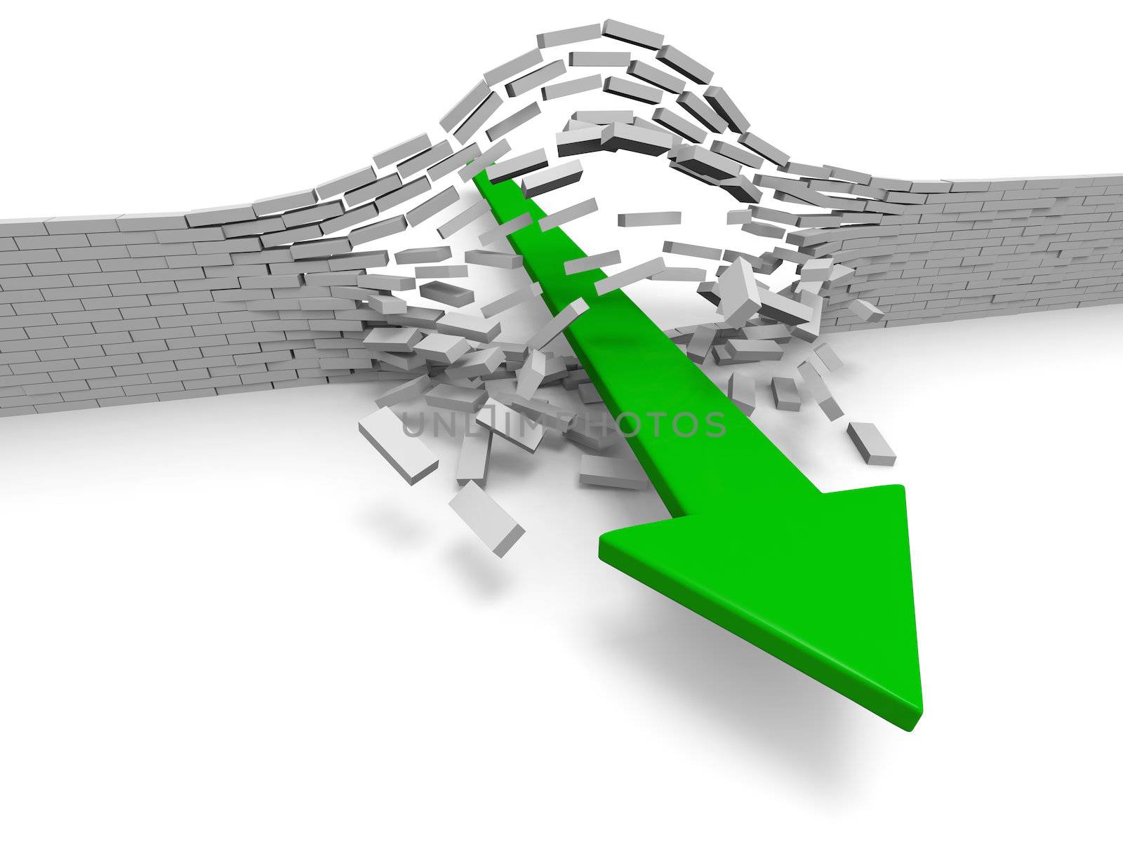 Illustration of green arrow breaking through brick wall, concept of success, breakthrough, achievement