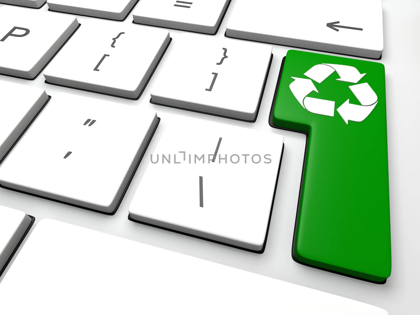 Recycling symbol on computer keybord, concept of role of technology in environmental protection