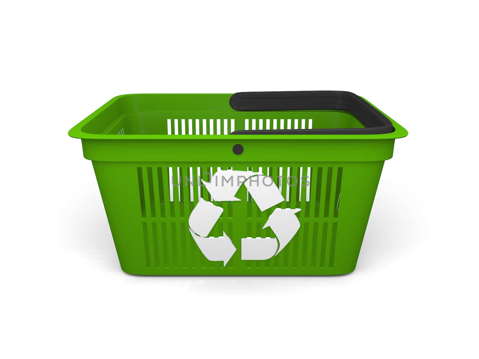 Green shopping basket with recycling symbol, concept of sustainable shopping and environmental protection, isolated on white background