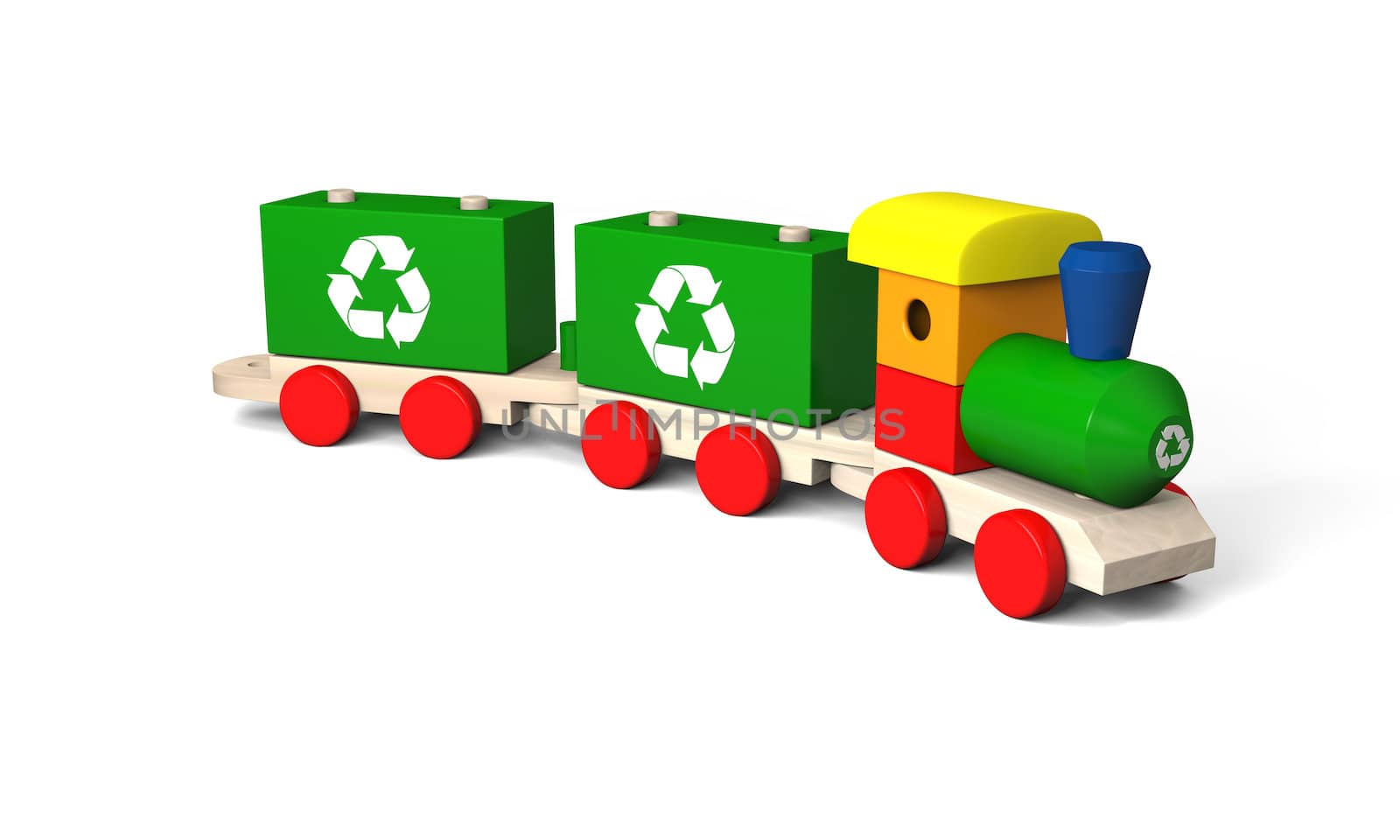 3D illustration of colorful wooden toy train with recycling symbols, concept of environmental protection as part of early children education, isolated on white background