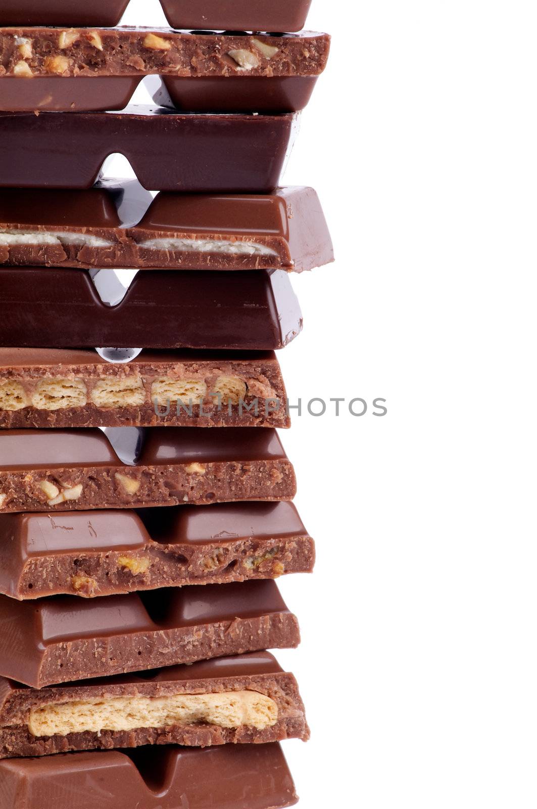 Frame of Various Chocolate Blocks close up isolated on white background