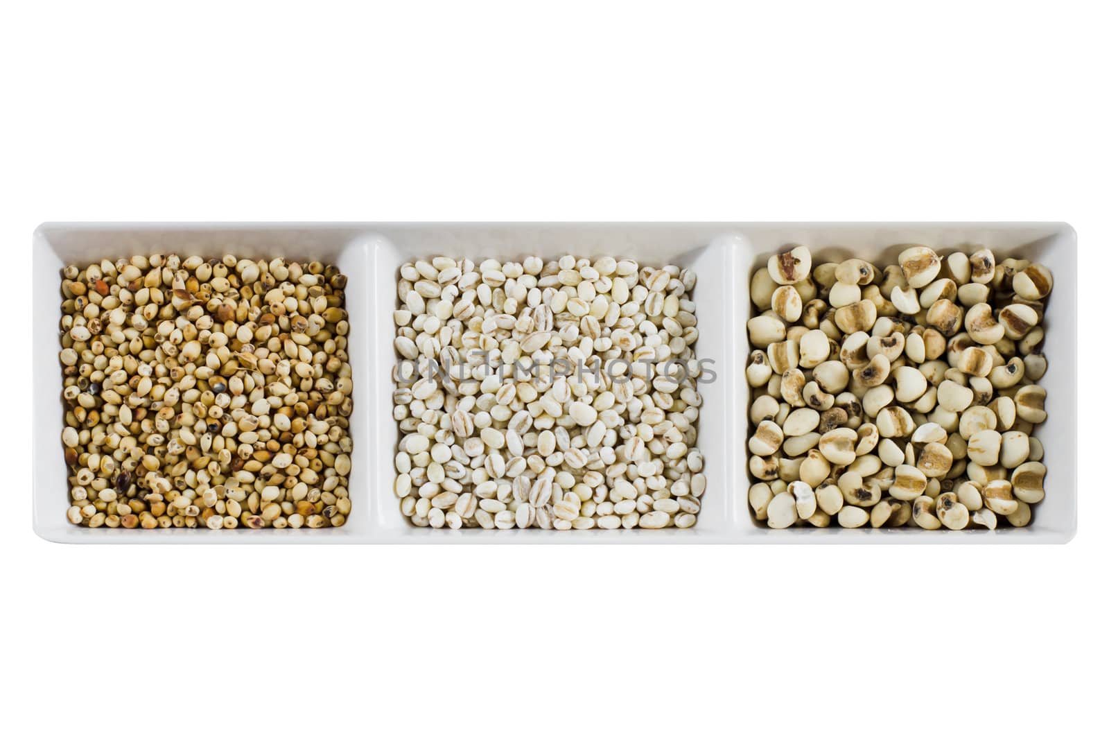  job's tears , barley and millet grains over white