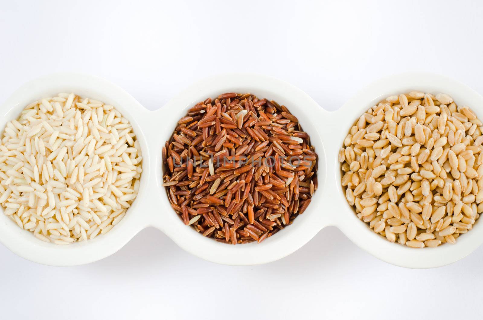 top views Grain and Cereal Set ,  rice , red rice , wheat,